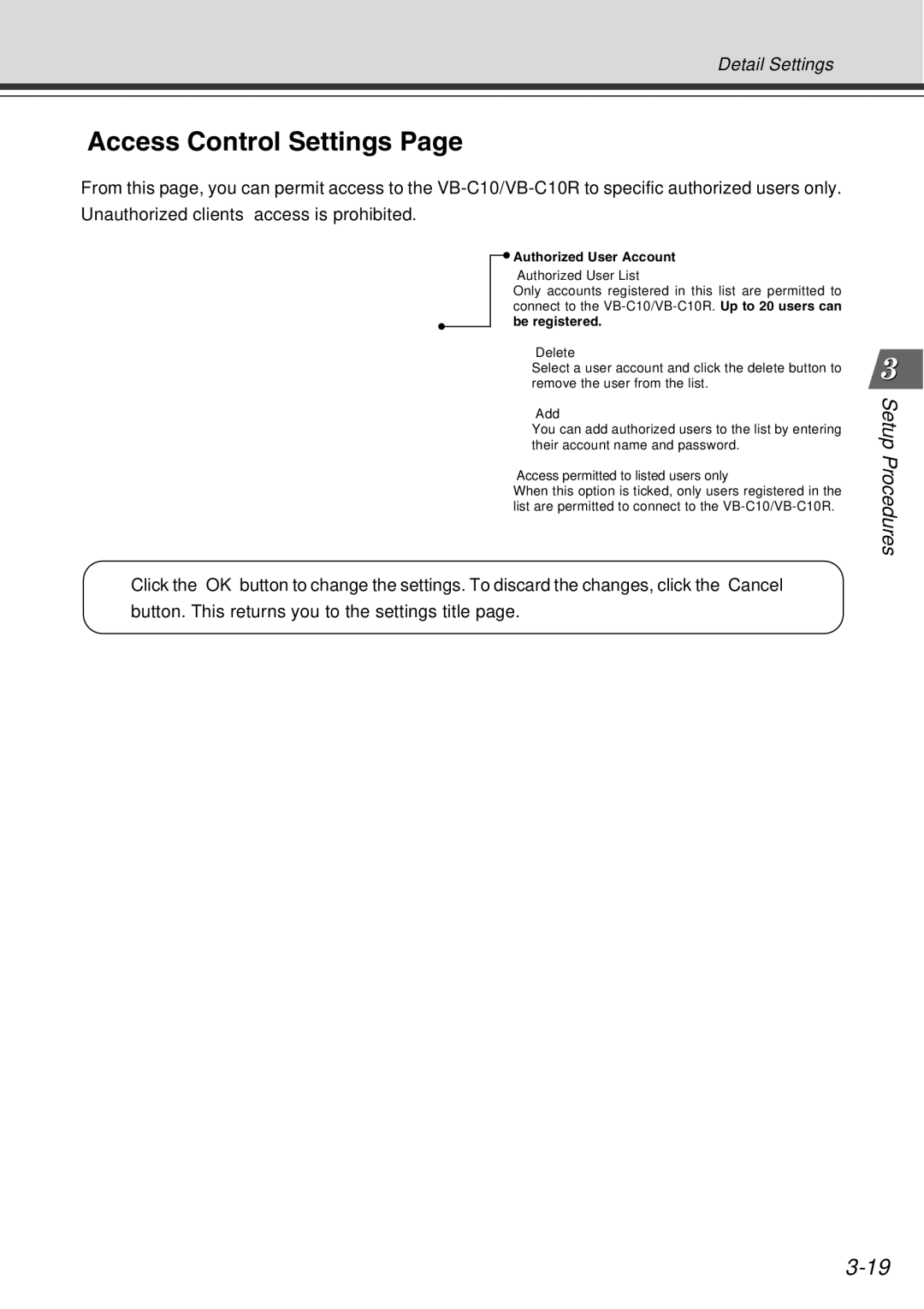 Canon VB-C10R user manual Access Control Settings, Authorized User Account 