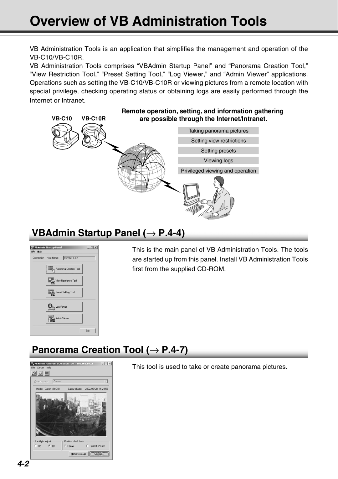 Canon VB-C10R Overview of VB Administration Tools, VBAdmin Startup Panel → P.4-4, Panorama Creation Tool → P.4-7 