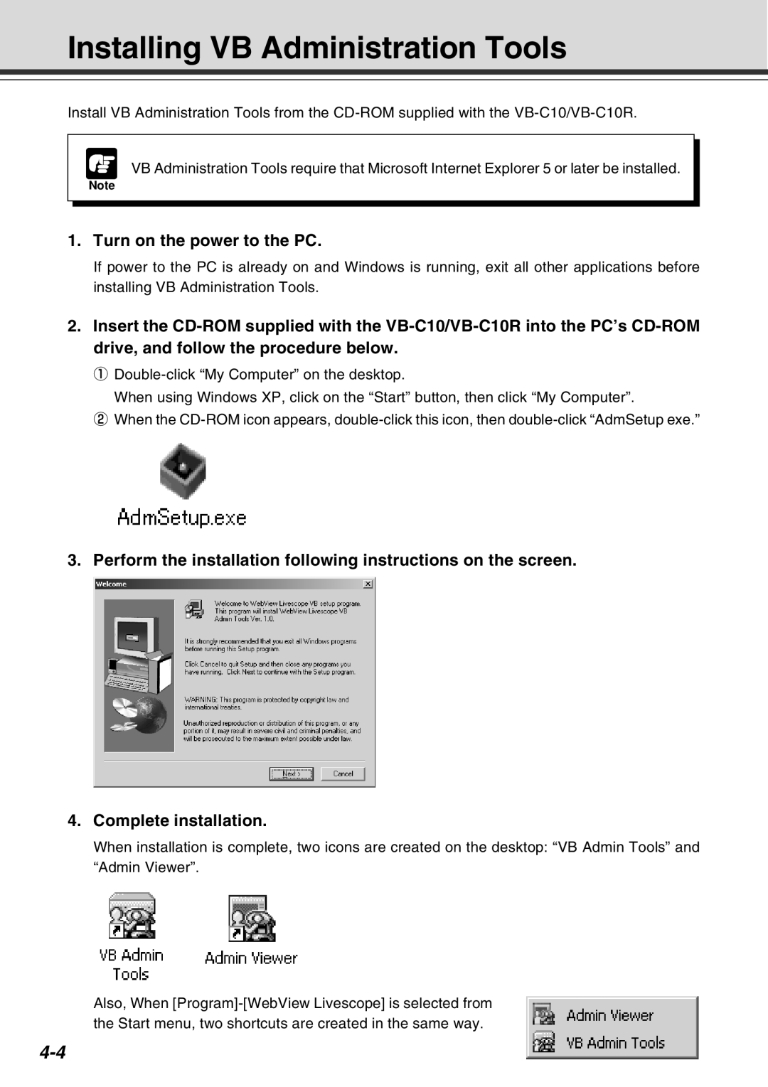 Canon VB-C10R user manual Installing VB Administration Tools, Turn on the power to the PC 