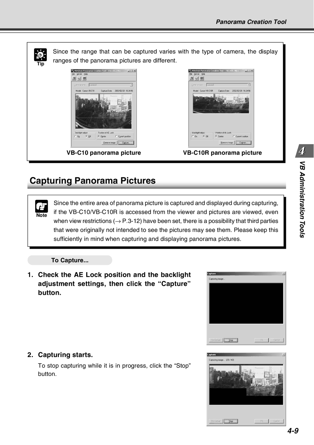 Canon user manual Capturing Panorama Pictures, VB-C10 panorama pictureVB-C10R panorama picture, To Capture 