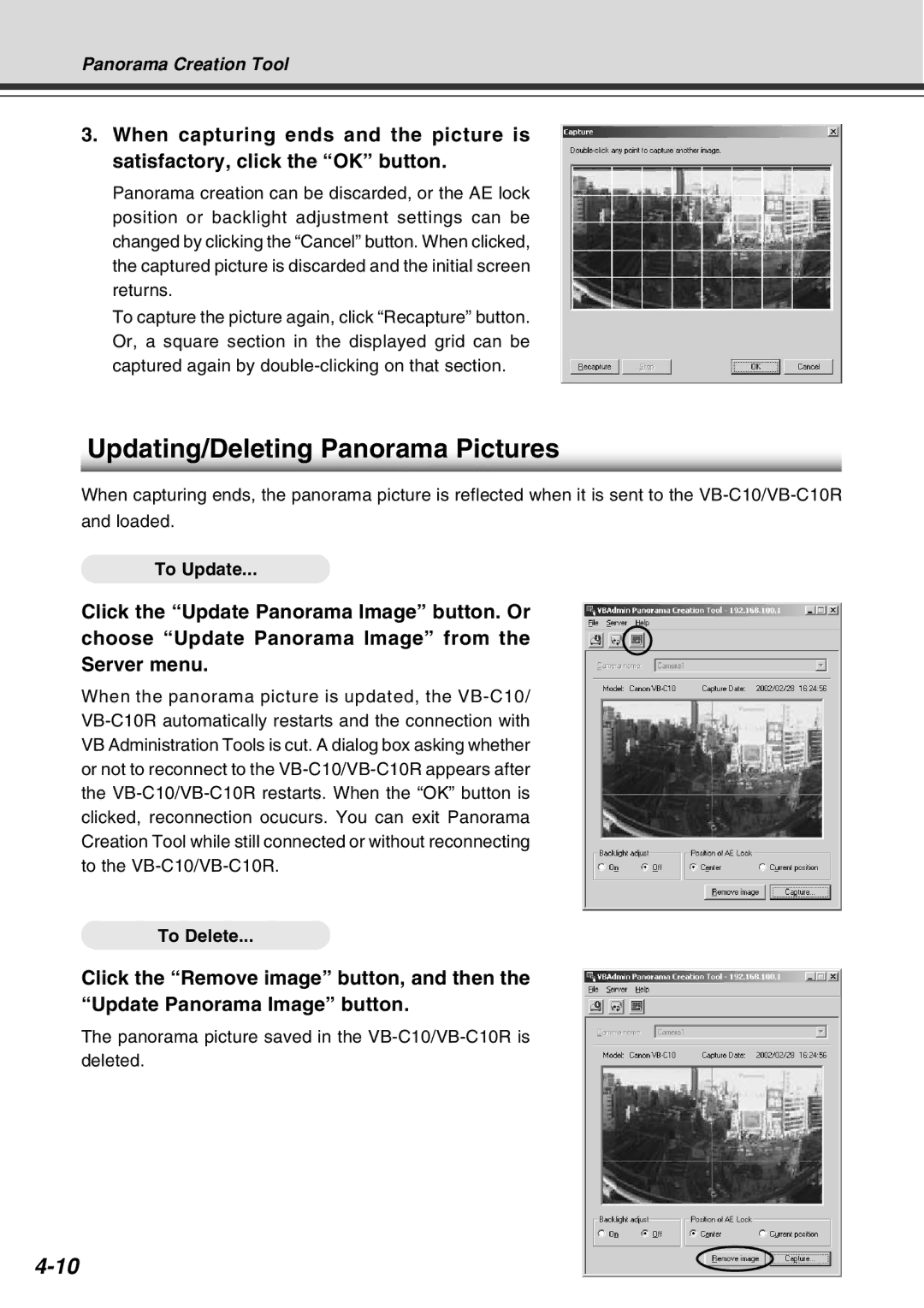 Canon VB-C10R user manual Updating/Deleting Panorama Pictures, To Update, To Delete 