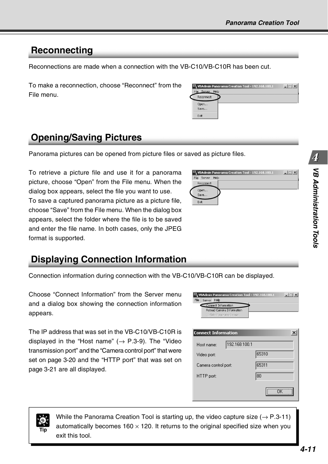 Canon VB-C10R user manual Reconnecting, Opening/Saving Pictures, Displaying Connection Information 