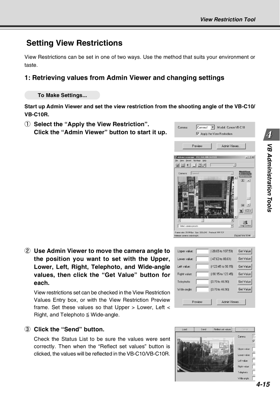 Canon VB-C10R Setting View Restrictions, Retrieving values from Admin Viewer and changing settings, Click the Send button 