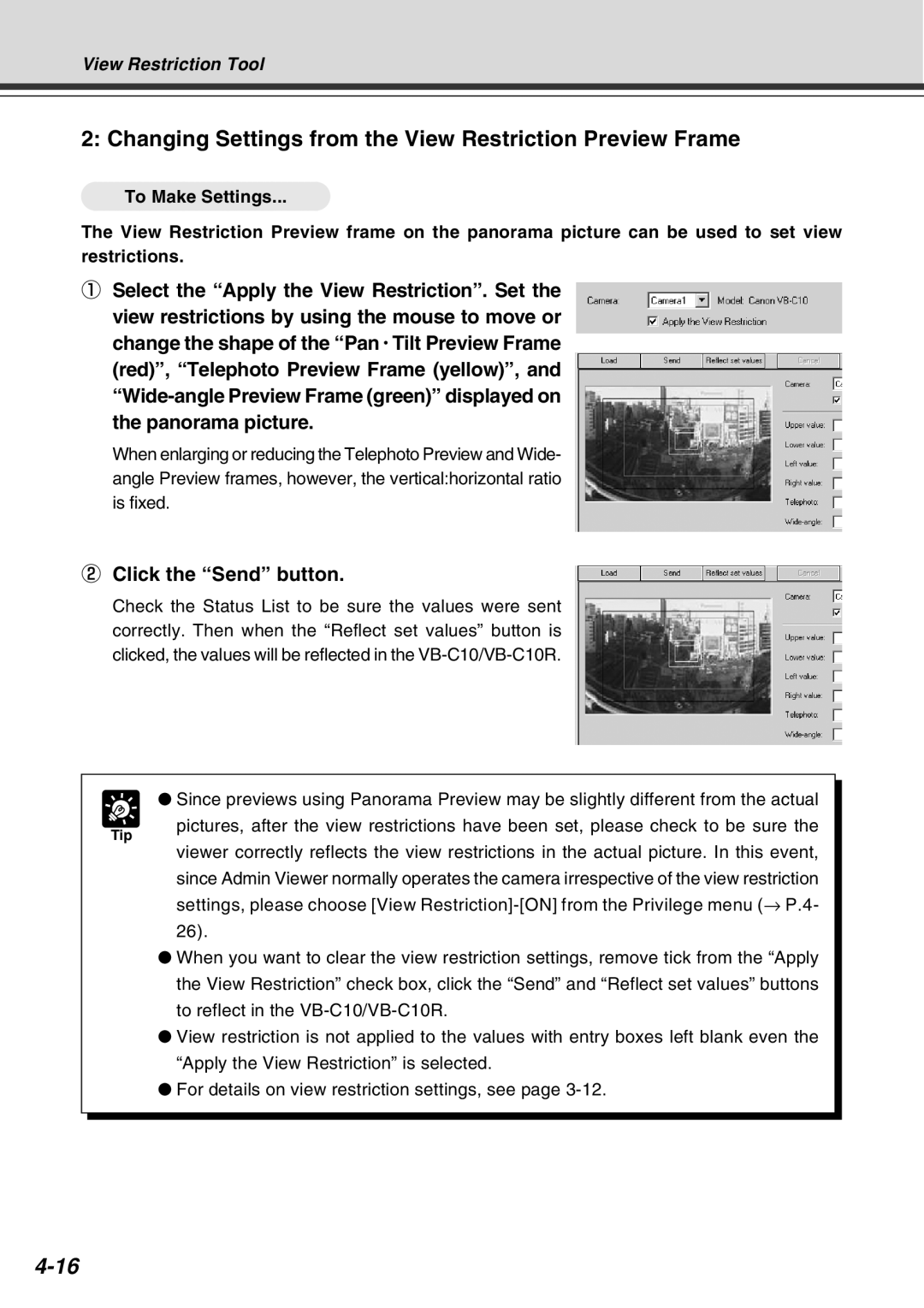 Canon VB-C10R user manual Changing Settings from the View Restriction Preview Frame, Tip 