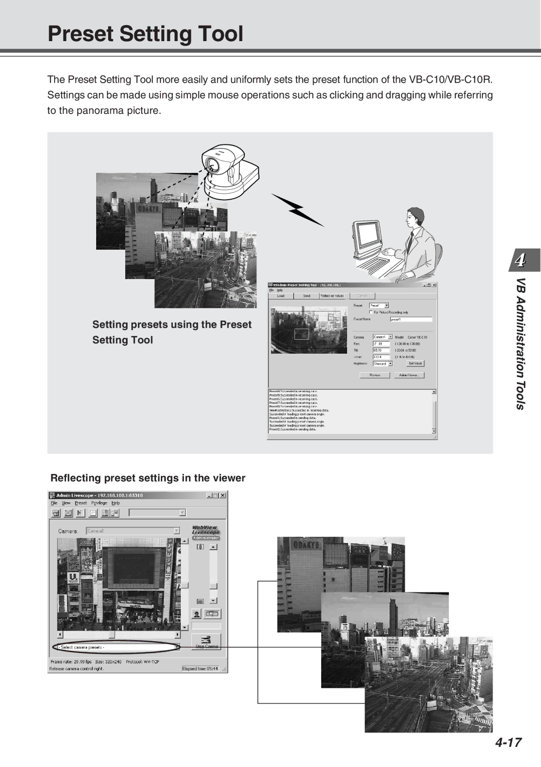 Canon VB-C10R user manual Setting presets using the Preset Setting Tool, Reflecting preset settings in the viewer 