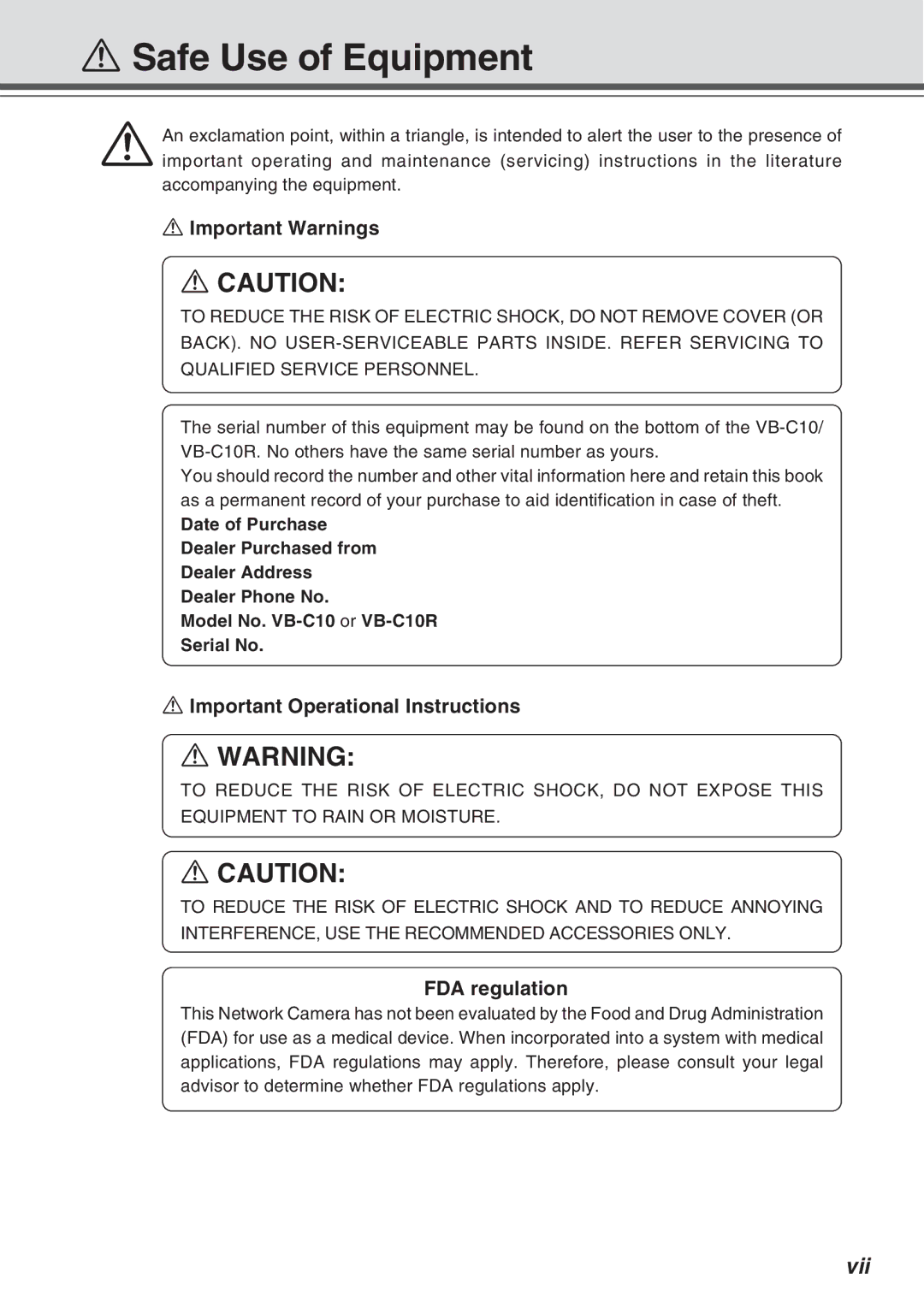 Canon VB-C10R user manual Safe Use of Equipment, Important Operational Instructions, FDA regulation 