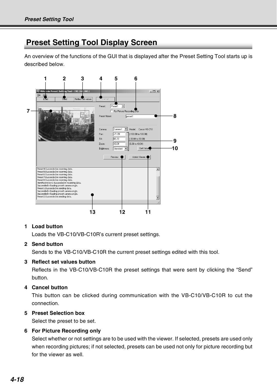 Canon VB-C10R user manual Preset Setting Tool Display Screen, Load button 