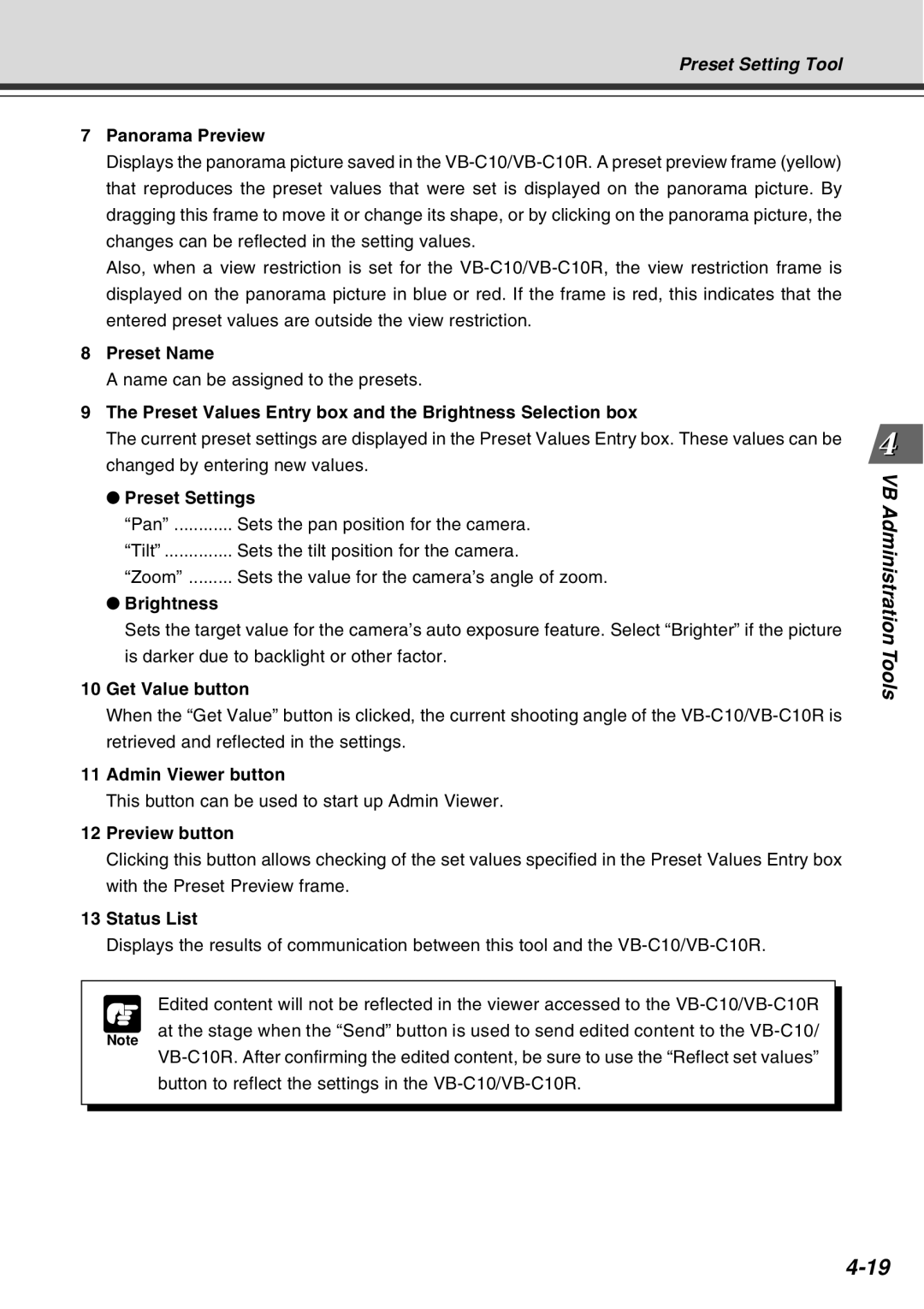 Canon VB-C10R Preset Name, Preset Values Entry box and the Brightness Selection box, Preset Settings, Get Value button 