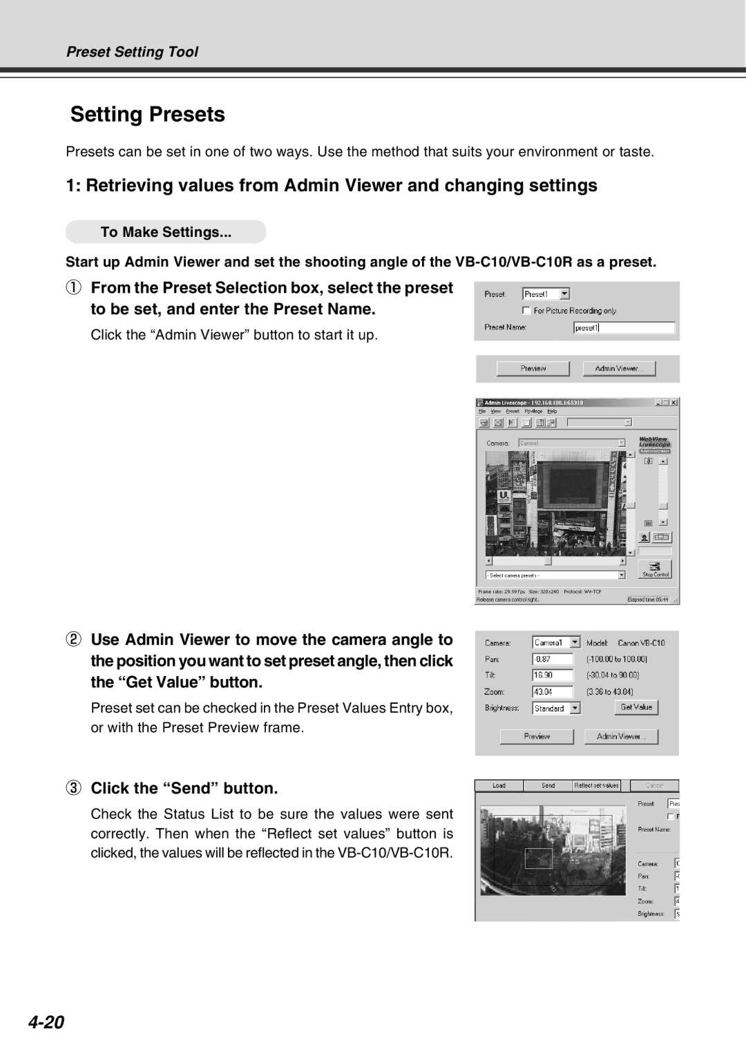 Canon VB-C10R user manual Setting Presets, Retrieving values from Admin Viewer and changing settings 