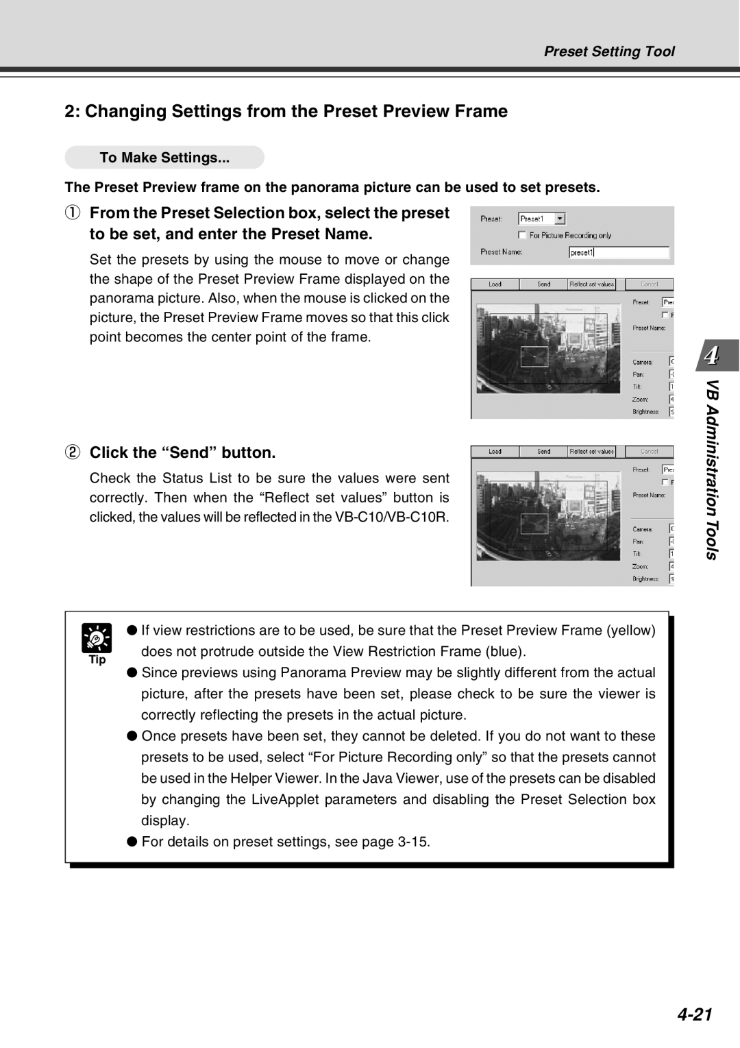 Canon VB-C10R user manual Changing Settings from the Preset Preview Frame, Tip 