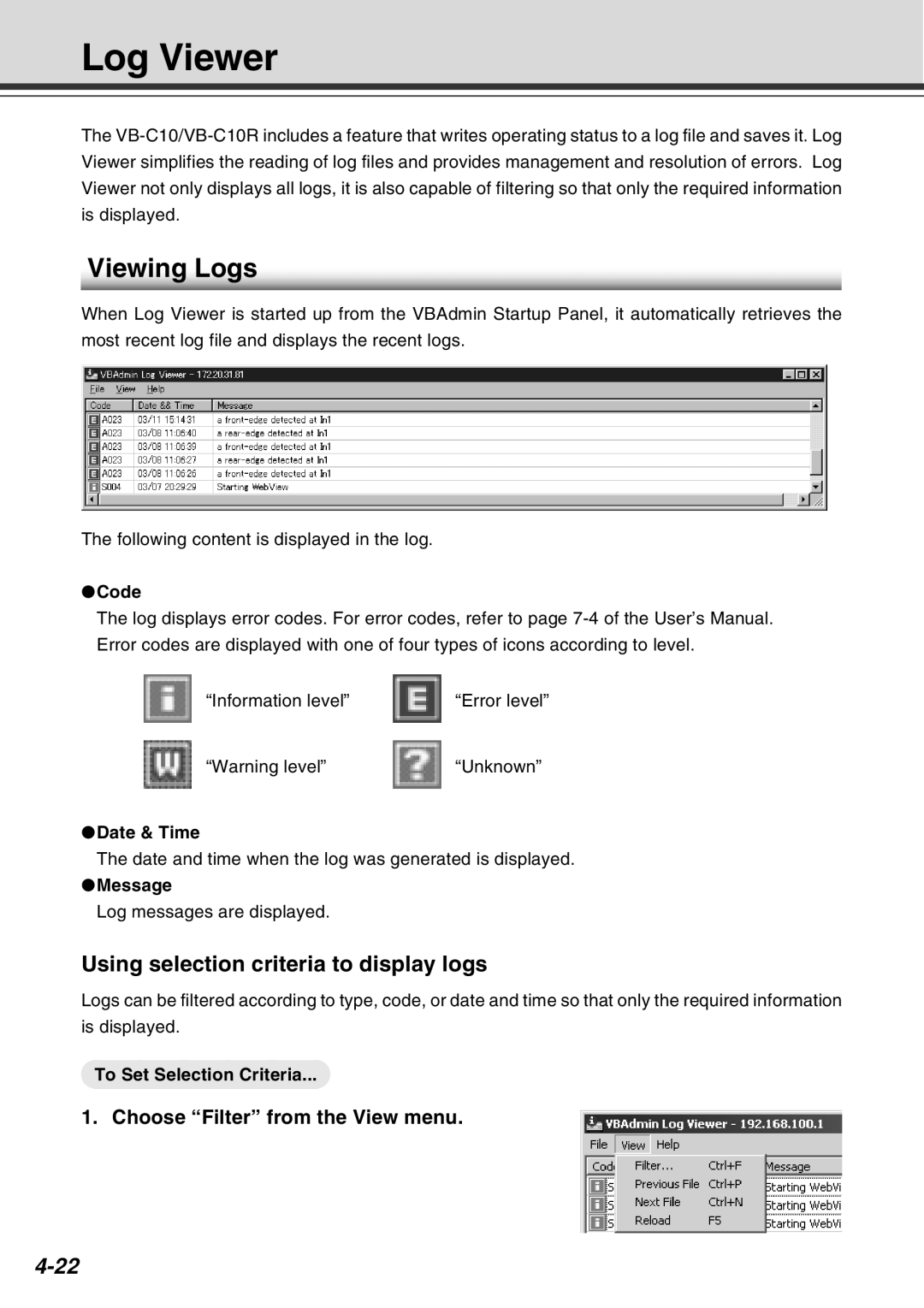 Canon VB-C10R Log Viewer, Viewing Logs, Using selection criteria to display logs, Choose Filter from the View menu 