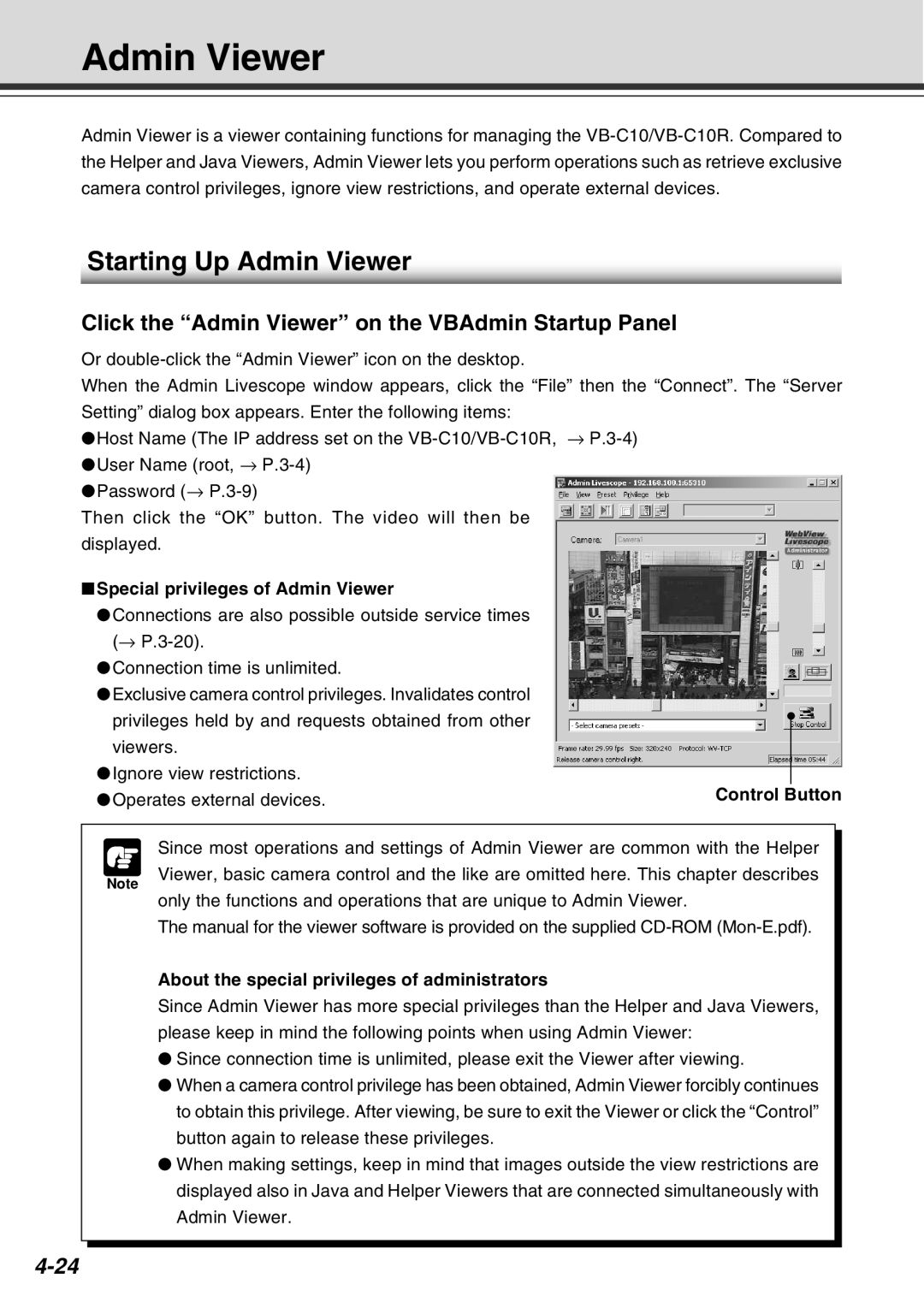 Canon VB-C10R user manual Starting Up Admin Viewer, Click the Admin Viewer on the VBAdmin Startup Panel 