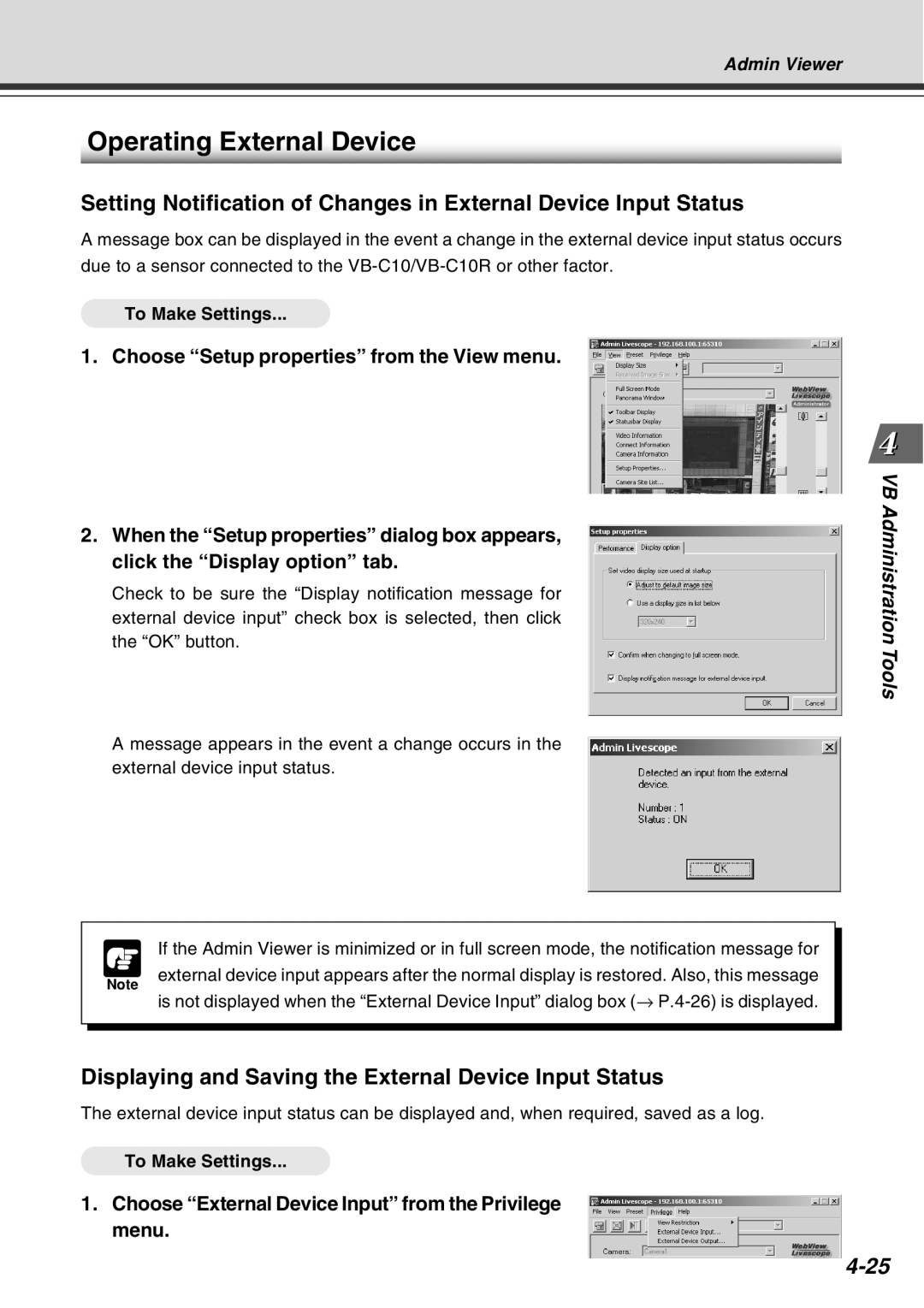 Canon VB-C10R Operating External Device, Displaying and Saving the External Device Input Status, To Make Settings 