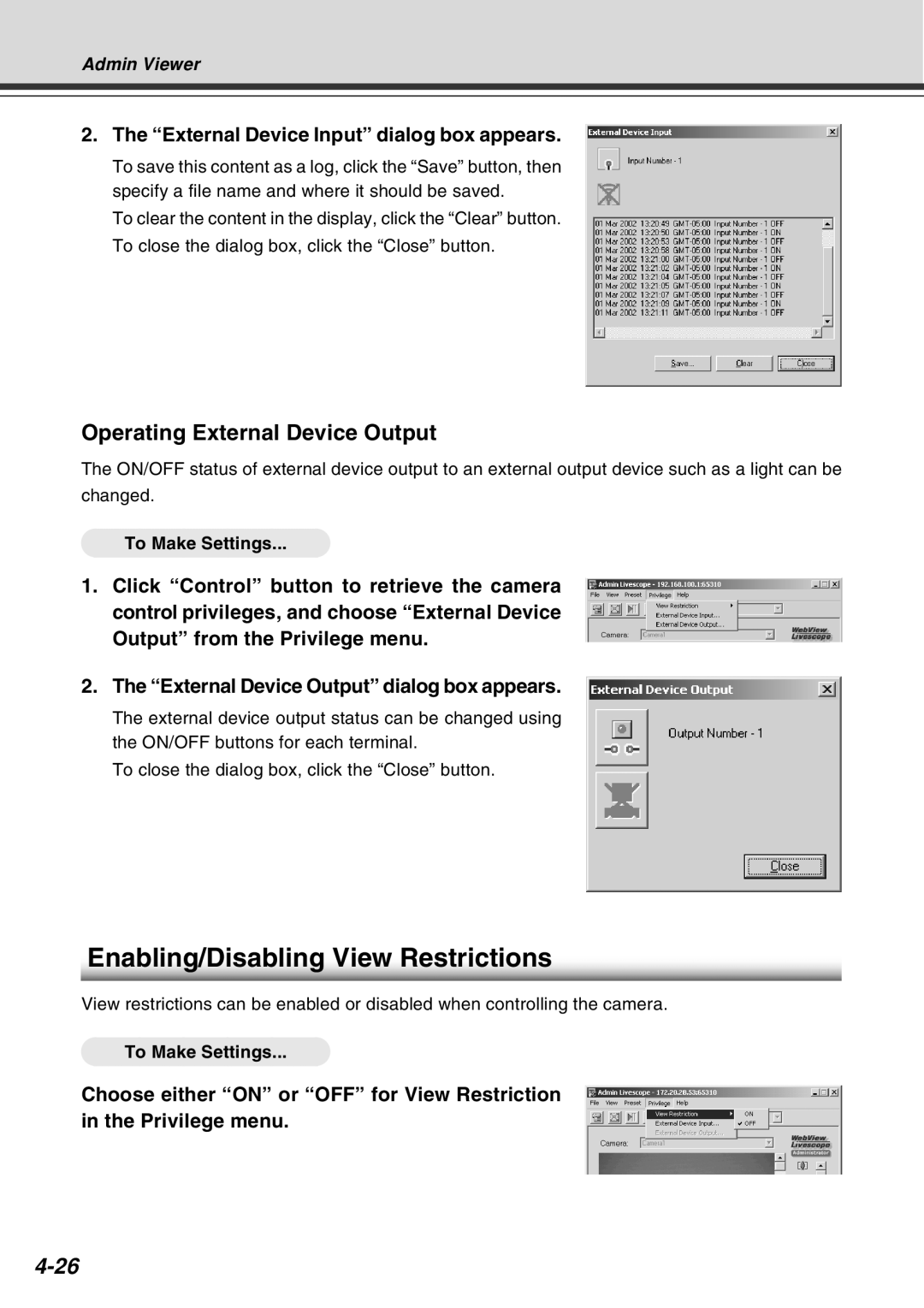 Canon VB-C10R user manual Enabling/Disabling View Restrictions, Operating External Device Output 