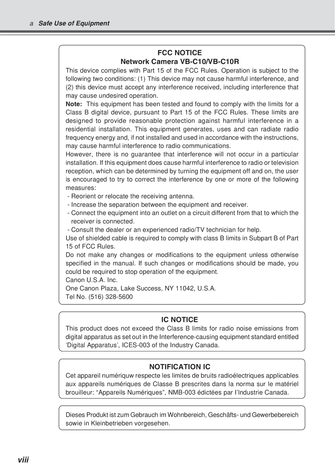 Canon user manual FCC Notice, Network Camera VB-C10/VB-C10R 