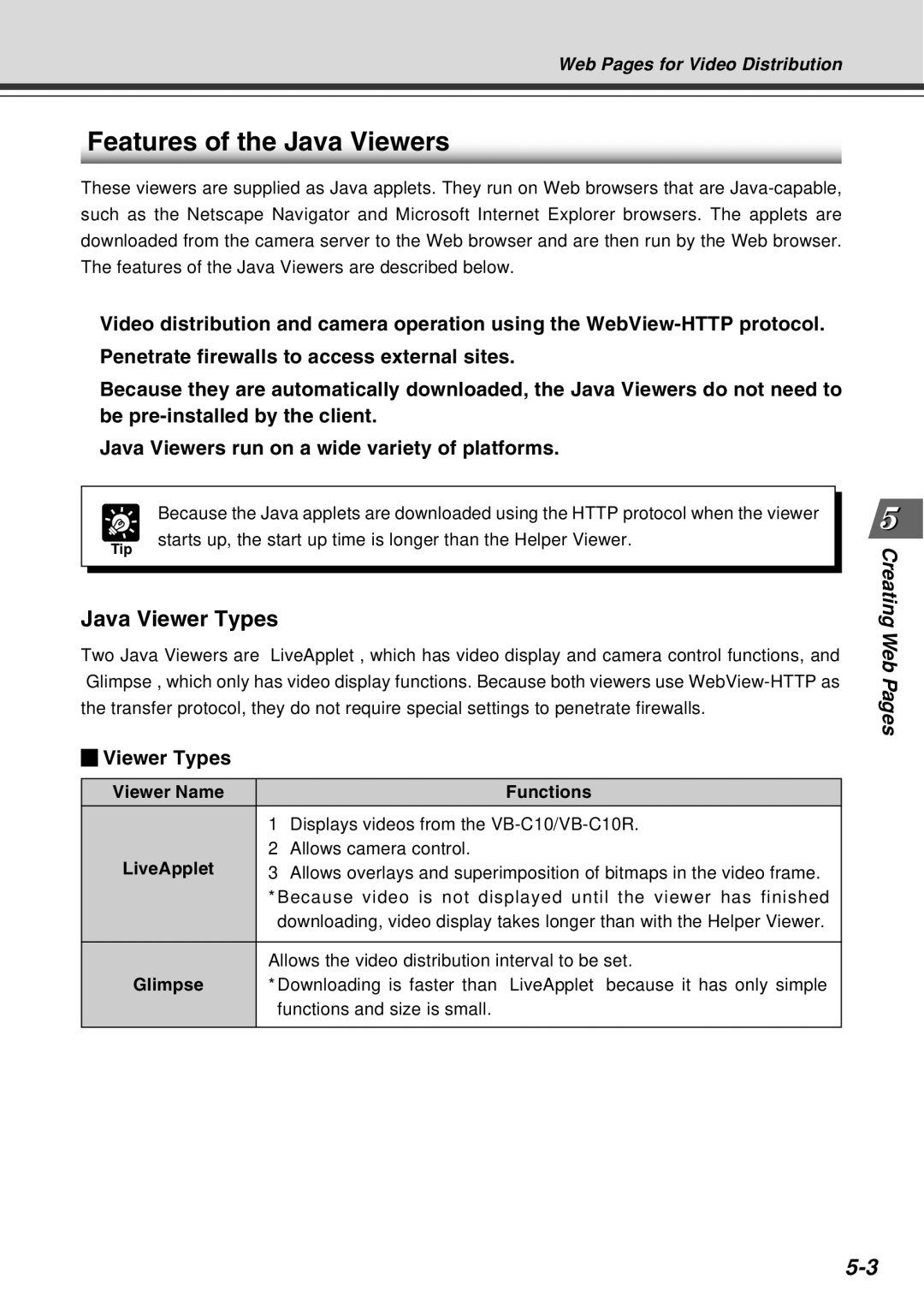 Canon VB-C10R user manual Features of the Java Viewers, Java Viewer Types, Viewer Name Functions 