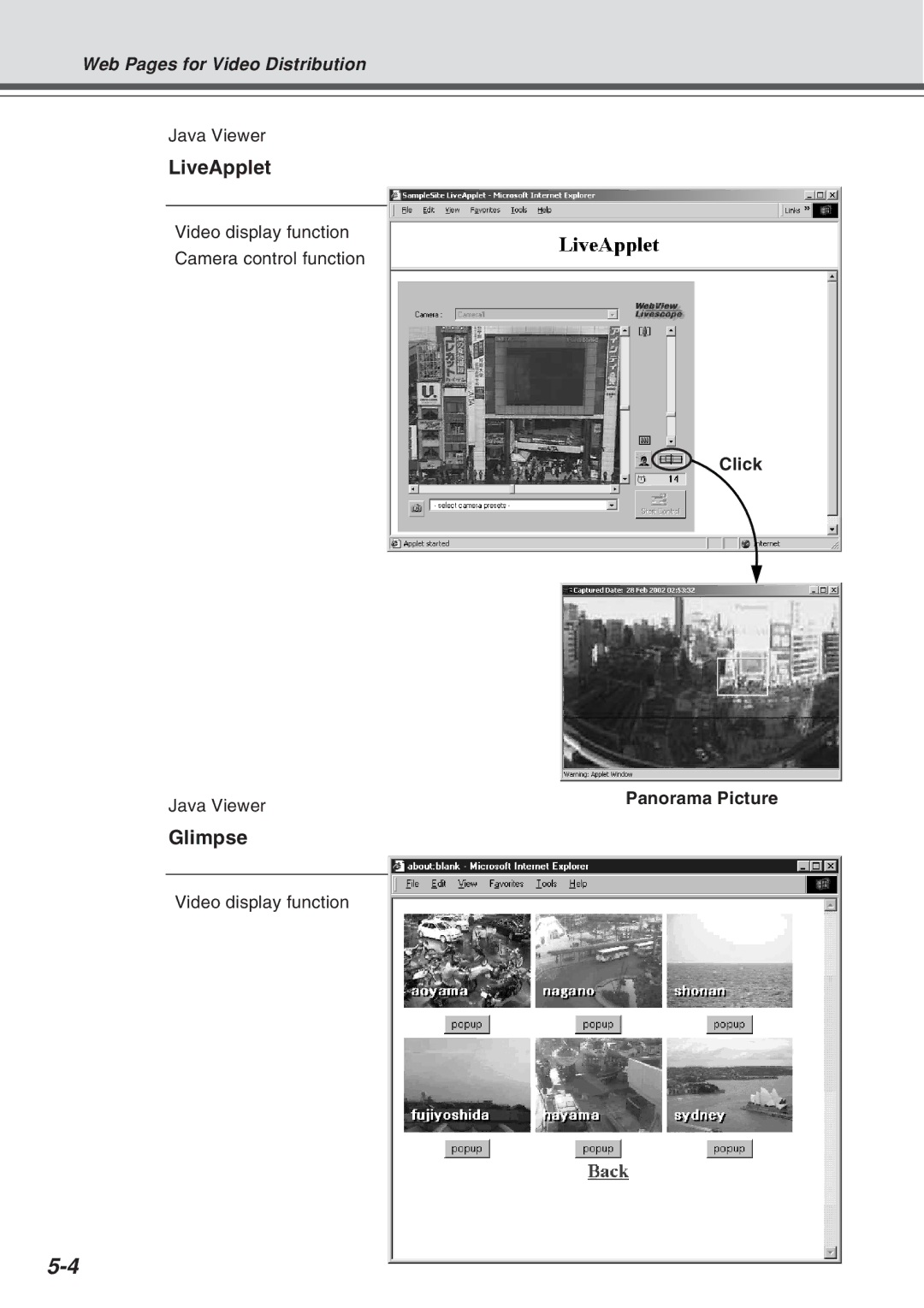 Canon VB-C10R user manual LiveApplet, Glimpse, Click Java Viewer 