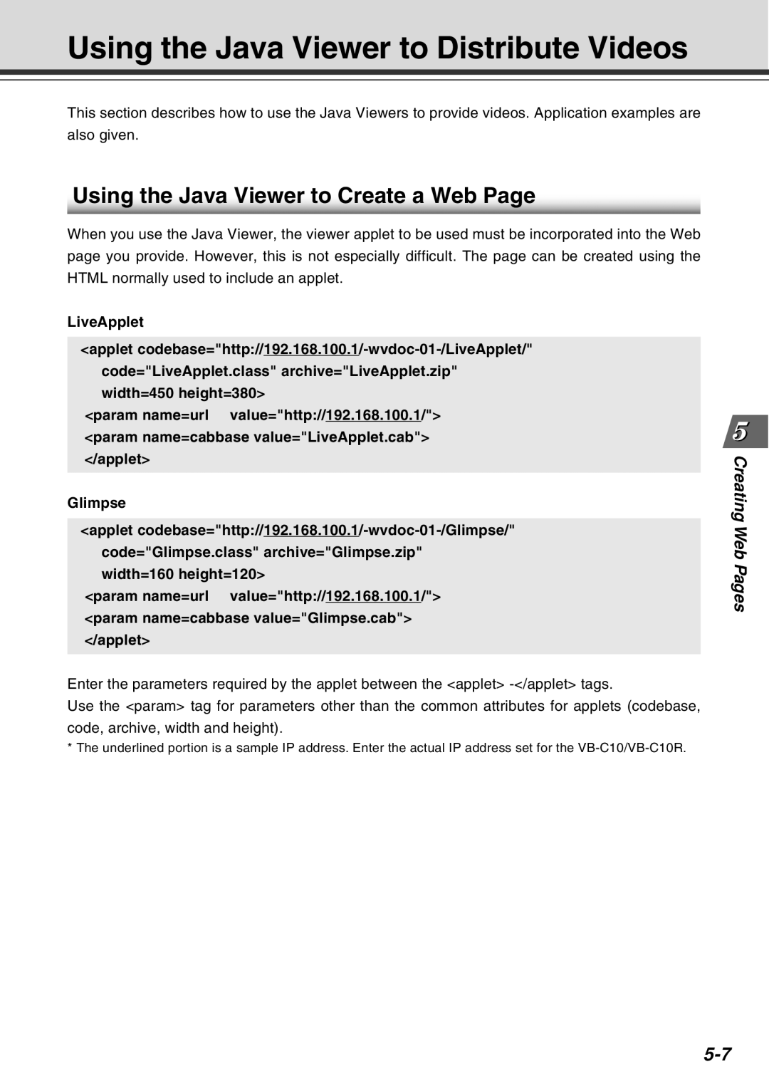 Canon VB-C10R user manual Using the Java Viewer to Distribute Videos, Using the Java Viewer to Create a Web, LiveApplet 