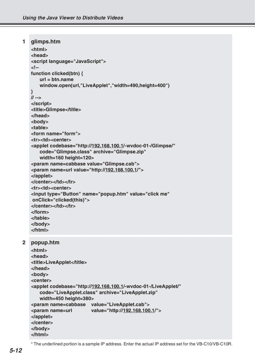 Canon VB-C10R Glimps.htm, Popup.htm, Html Head Script language=JavaScript, Script titleGlimpse/title /head Body 