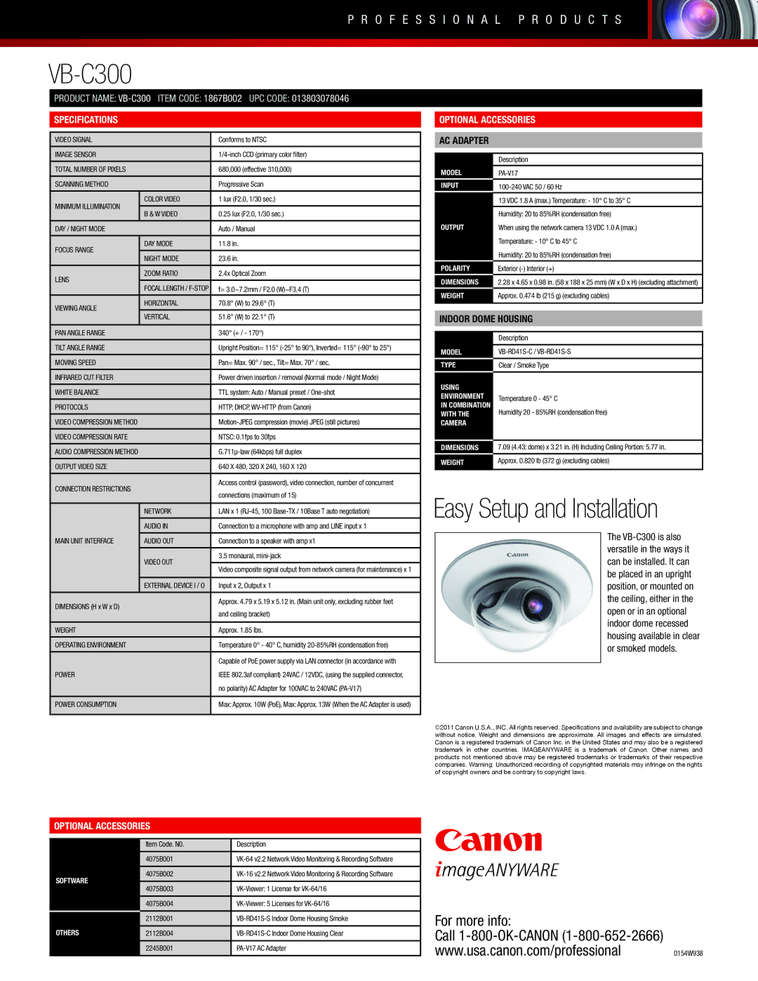 Canon VB-C300 manual Easy Setup and Installation, Specifications, Optional Accessories 