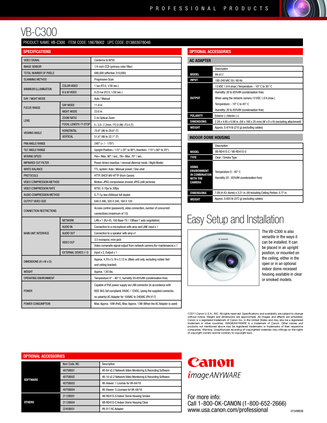 Canon VB-C300 Easy Setup and Installation, P R O F E S S I O N A L P R O D U C T S, Specifications, Optional Accessories 