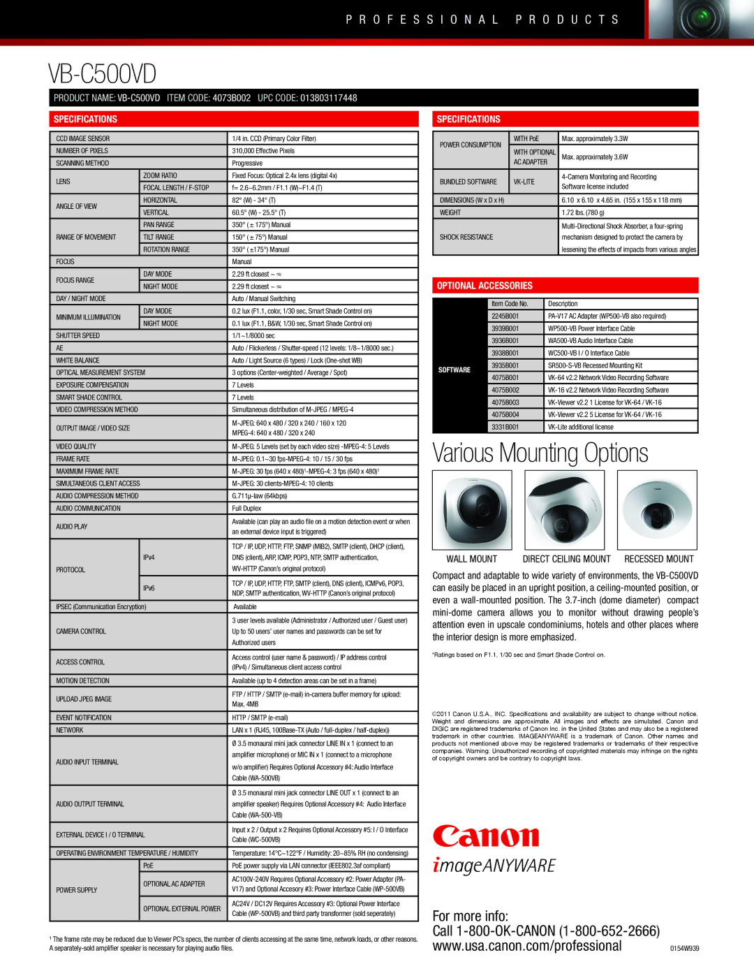 Canon VB-C500VD CCD Image Sensor, Number of Pixels, Scanning Method, Lens Zoom Ratio, Angle of View Horizontal, Vertical 