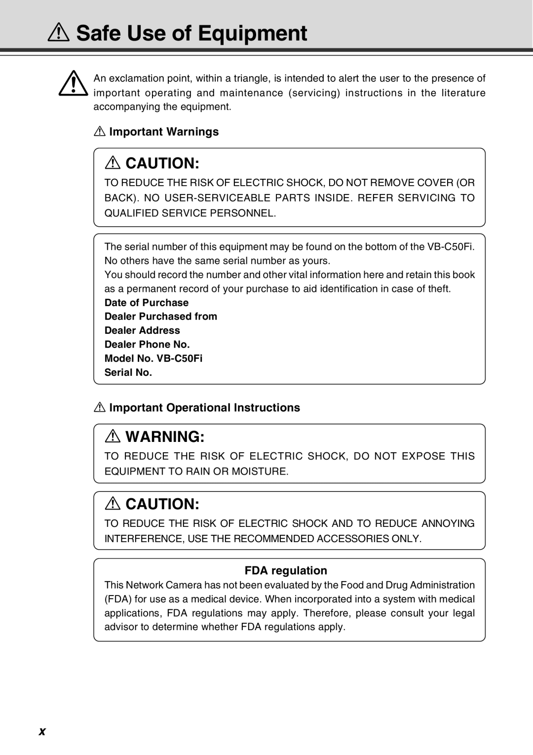 Canon Vb-C50fi user manual Safe Use of Equipment, Important Operational Instructions, FDA regulation 