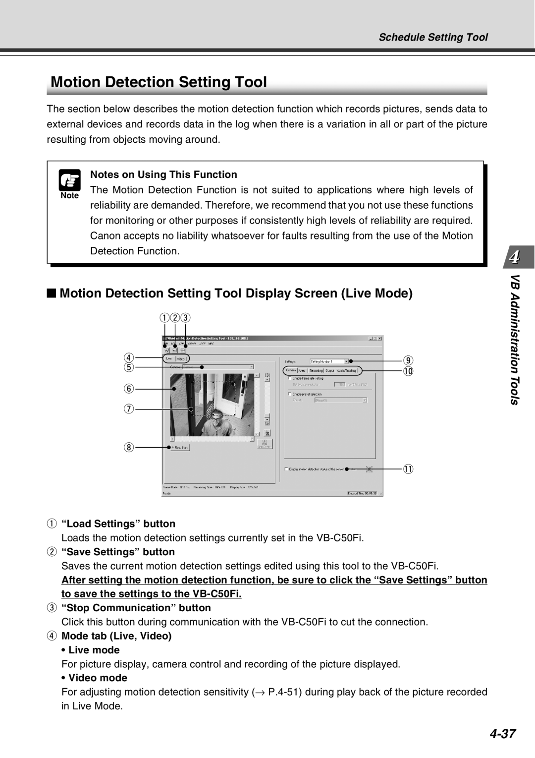 Canon Vb-C50fi Motion Detection Setting Tool Display Screen Live Mode, Mode tab Live, Video Live mode, Video mode 