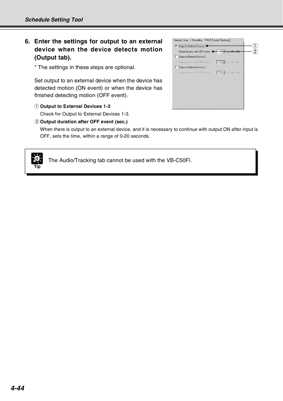 Canon Vb-C50fi user manual Output to External Devices, Output duration after OFF event sec 