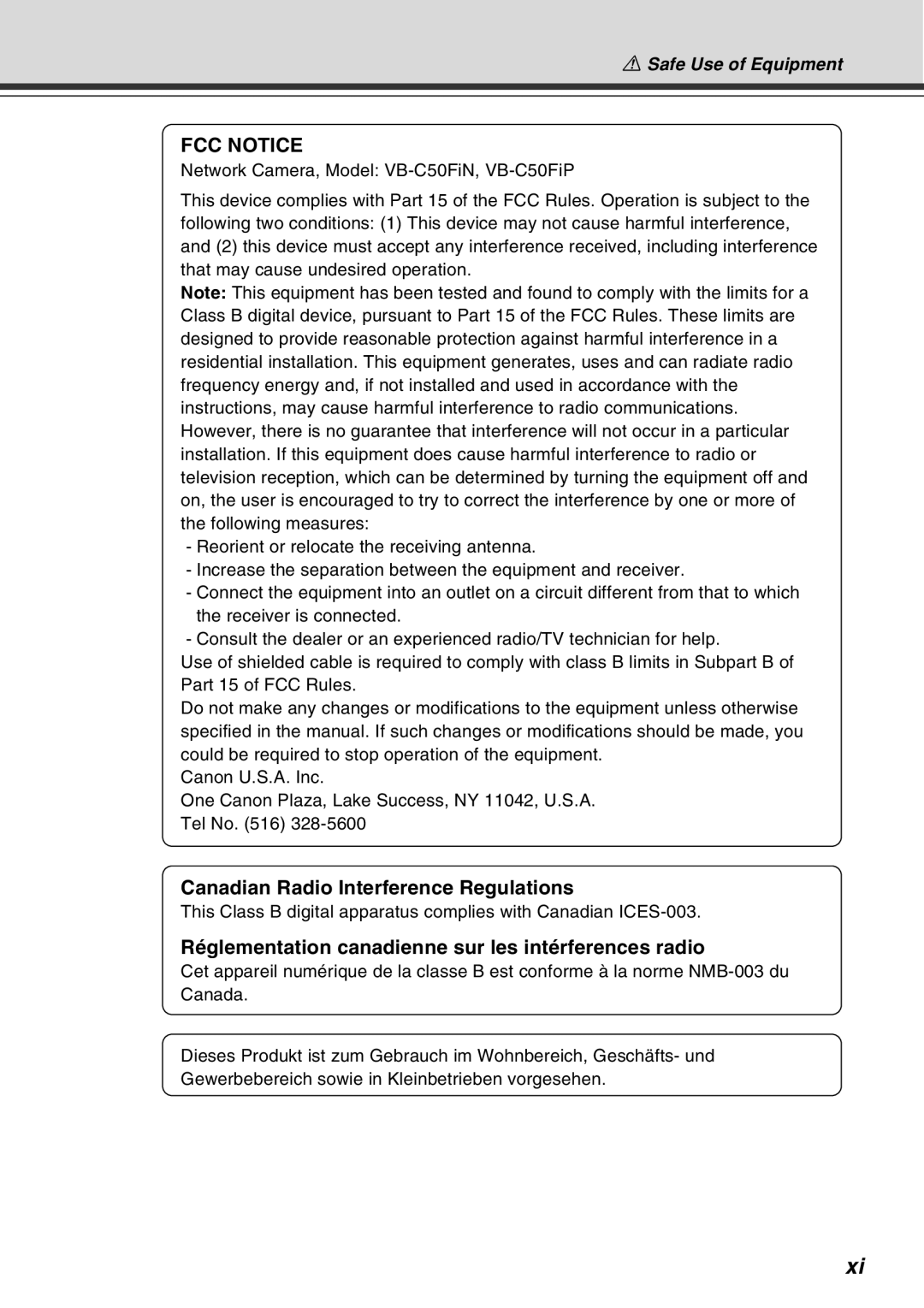 Canon Vb-C50fi user manual Canadian Radio Interference Regulations, Réglementation canadienne sur les intérferences radio 