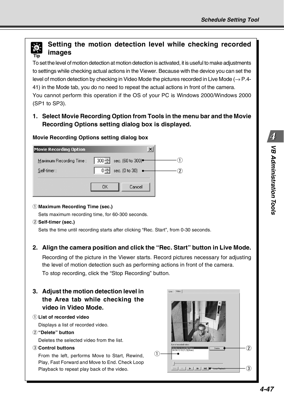 Canon Vb-C50fi Movie Recording Options setting dialog box, Maximum Recording Time sec, Self-timer sec, Control buttons 