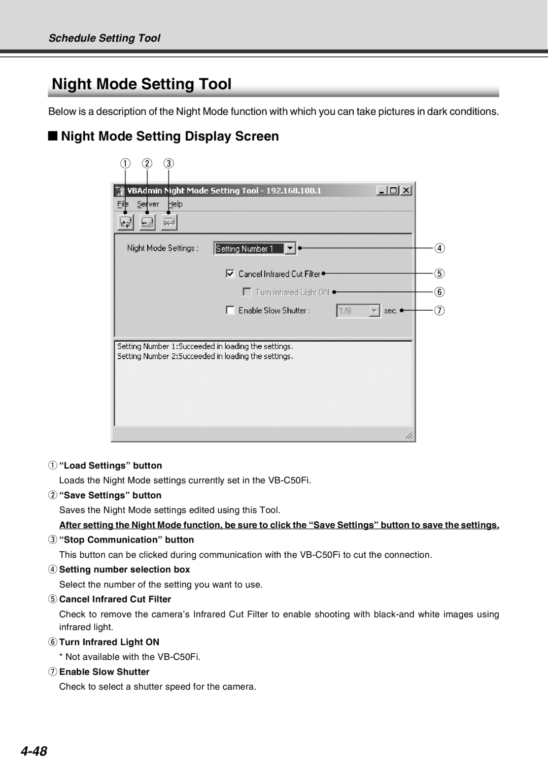 Canon Vb-C50fi user manual Night Mode Setting Tool, Night Mode Setting Display Screen 