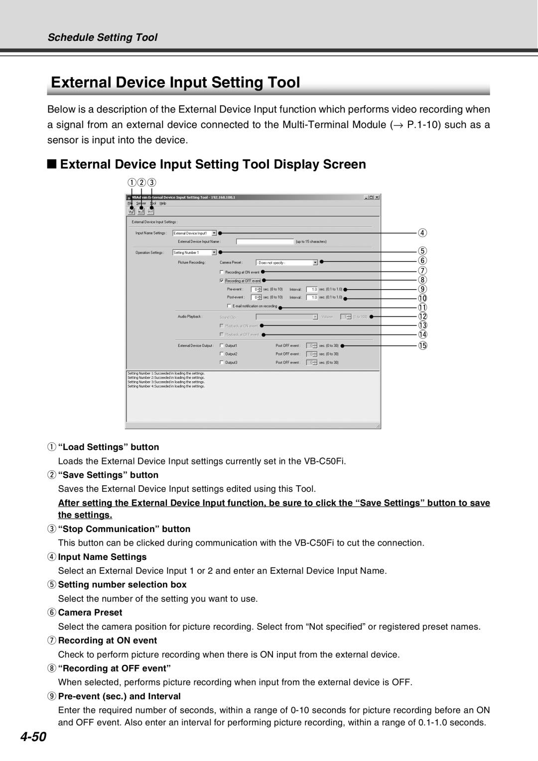 Canon Vb-C50fi user manual External Device Input Setting Tool Display Screen, Input Name Settings, Camera Preset 