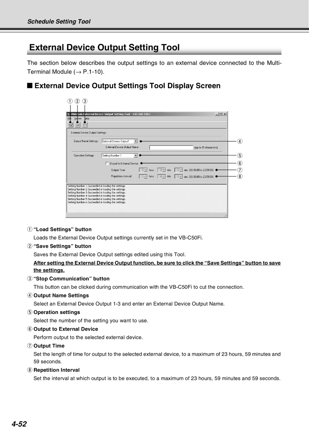 Canon Vb-C50fi user manual External Device Output Setting Tool, External Device Output Settings Tool Display Screen 