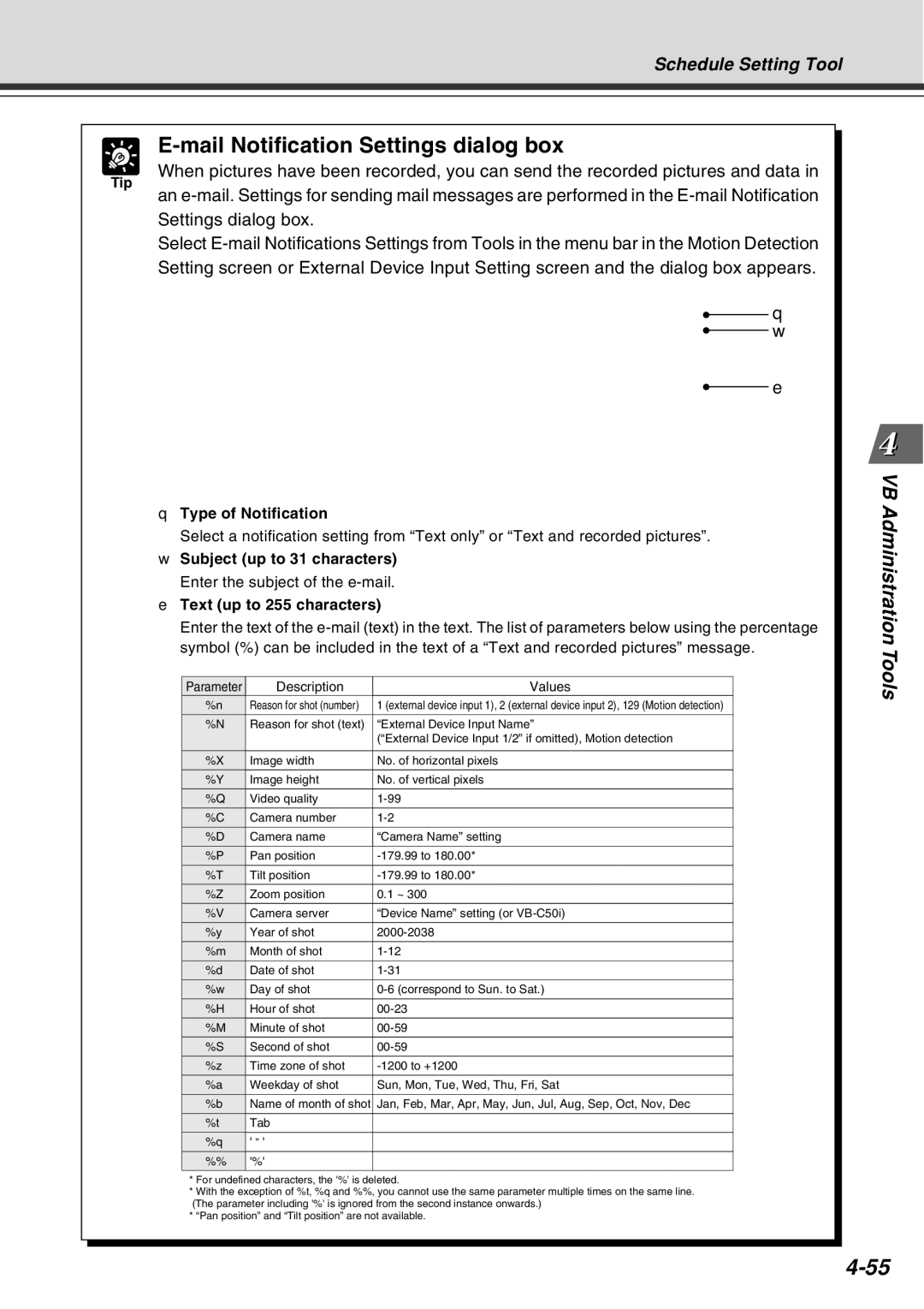 Canon Vb-C50fi user manual Mail Notification Settings dialog box, Type of Notification, Subject up to 31 characters 