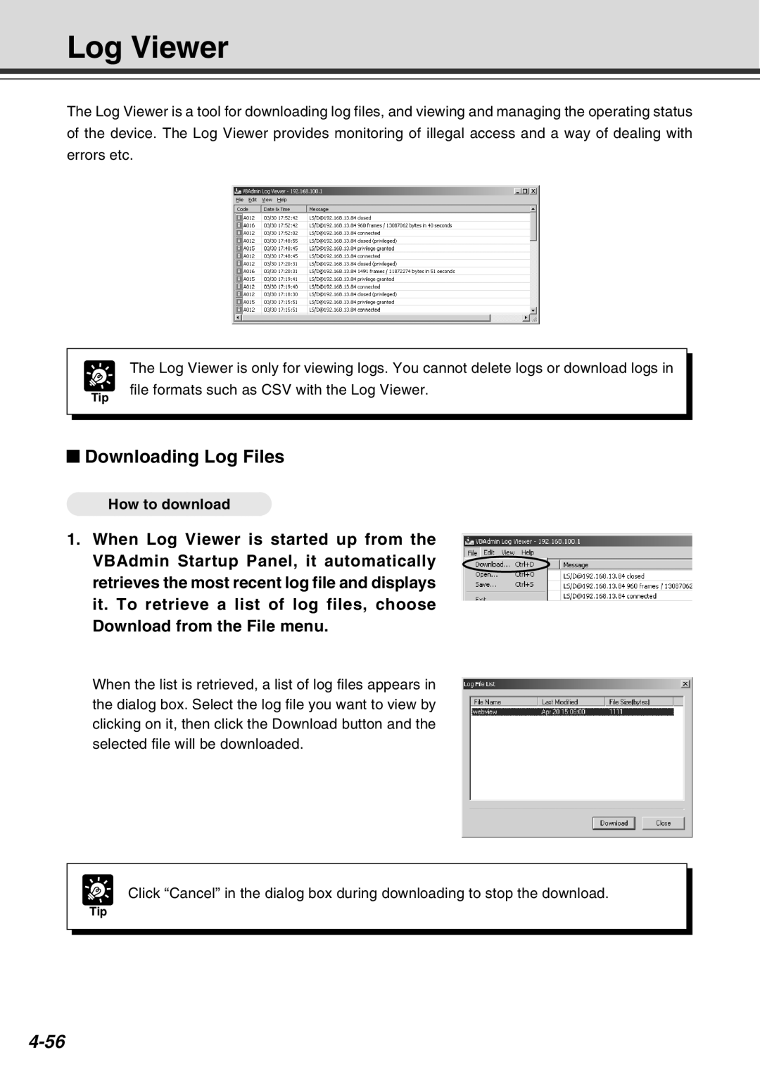 Canon Vb-C50fi user manual Log Viewer, Downloading Log Files, How to download 