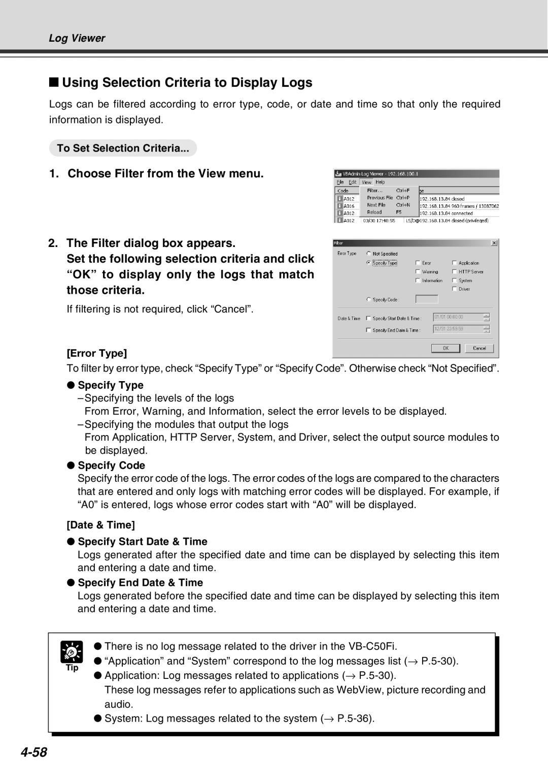 Canon Vb-C50fi user manual Using Selection Criteria to Display Logs 