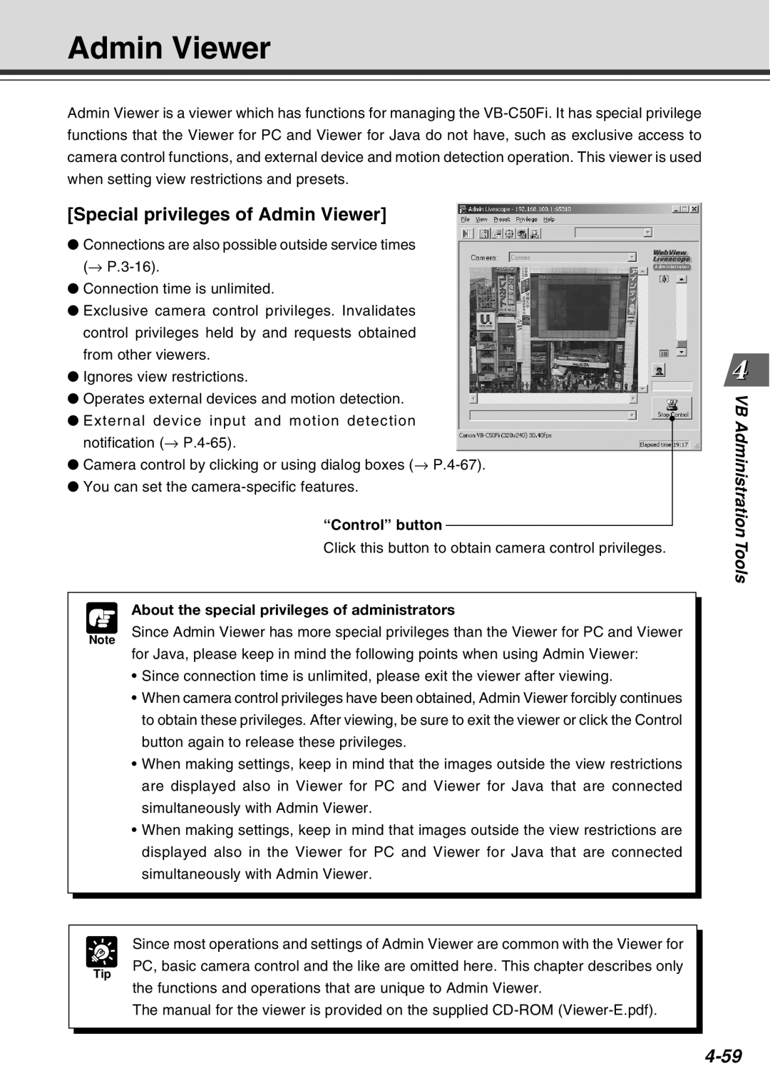 Canon Vb-C50fi user manual Special privileges of Admin Viewer, Control button 