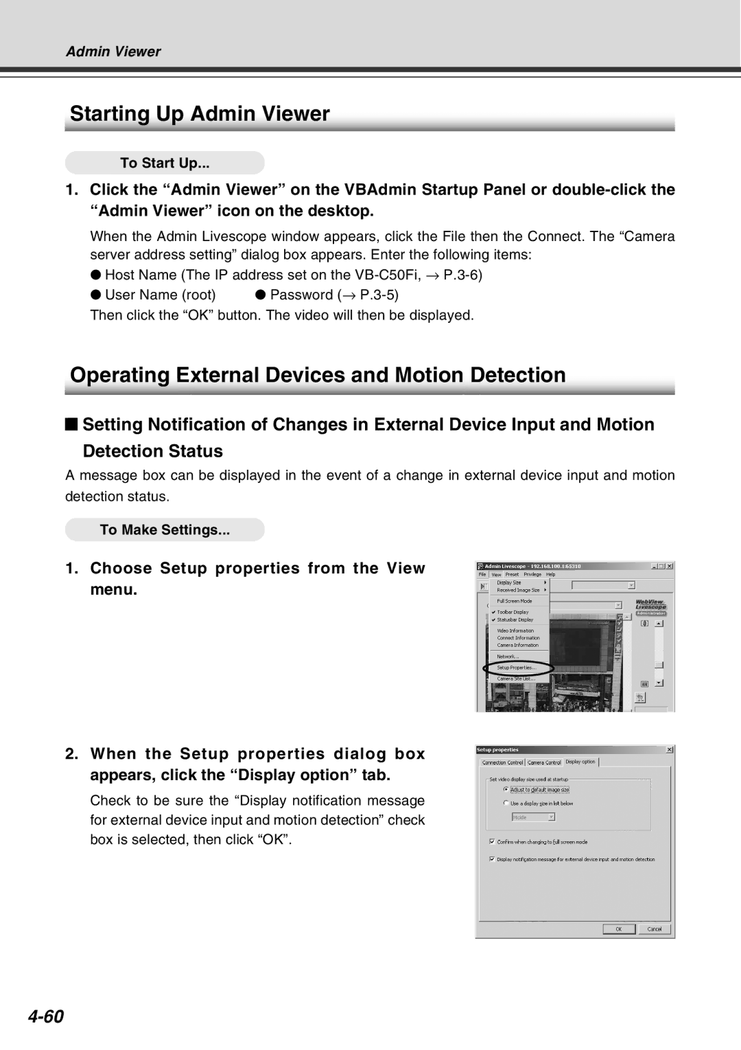 Canon Vb-C50fi user manual Starting Up Admin Viewer, Operating External Devices and Motion Detection 