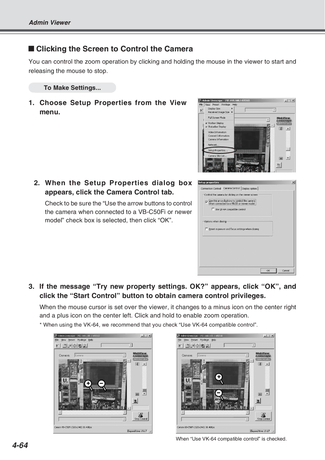 Canon Vb-C50fi user manual Clicking the Screen to Control the Camera 