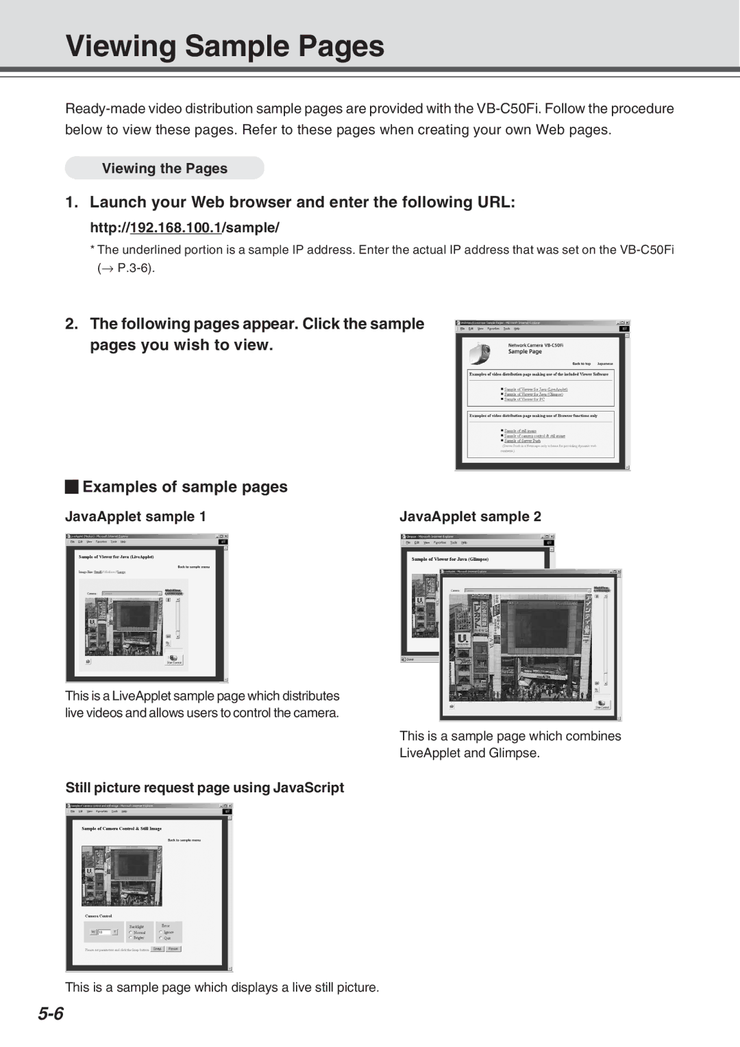 Canon Vb-C50fi user manual Viewing Sample Pages, JavaApplet sample, Still picture request page using JavaScript 