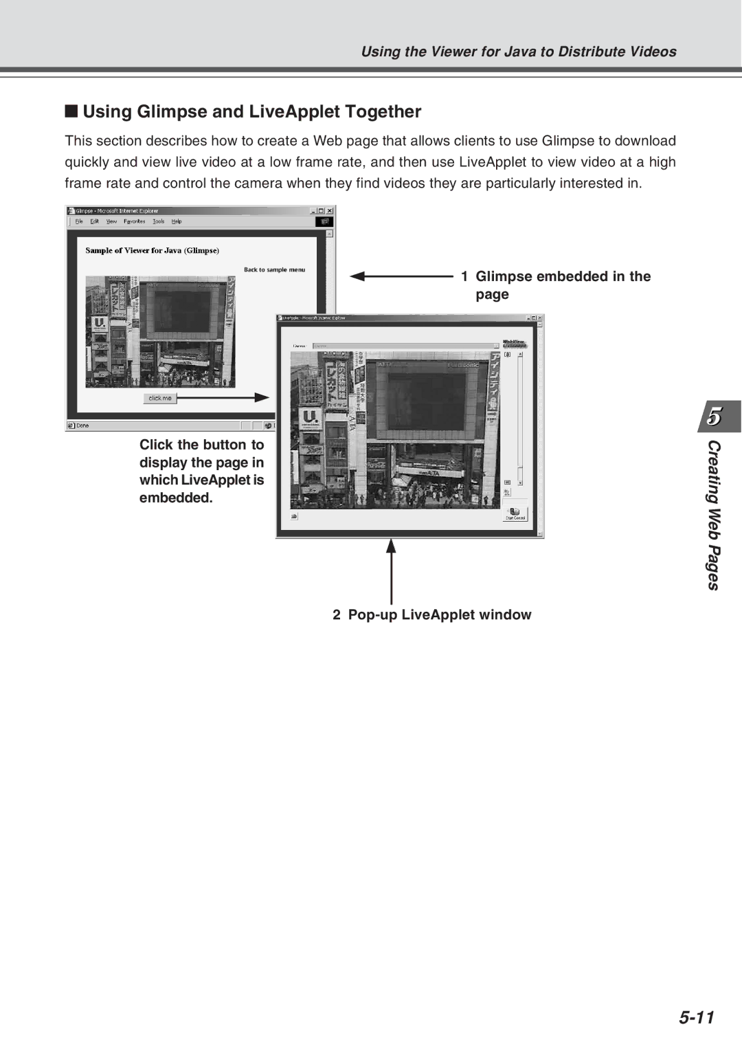 Canon Vb-C50fi user manual Using Glimpse and LiveApplet Together, Glimpse embedded, Pop-up LiveApplet window 