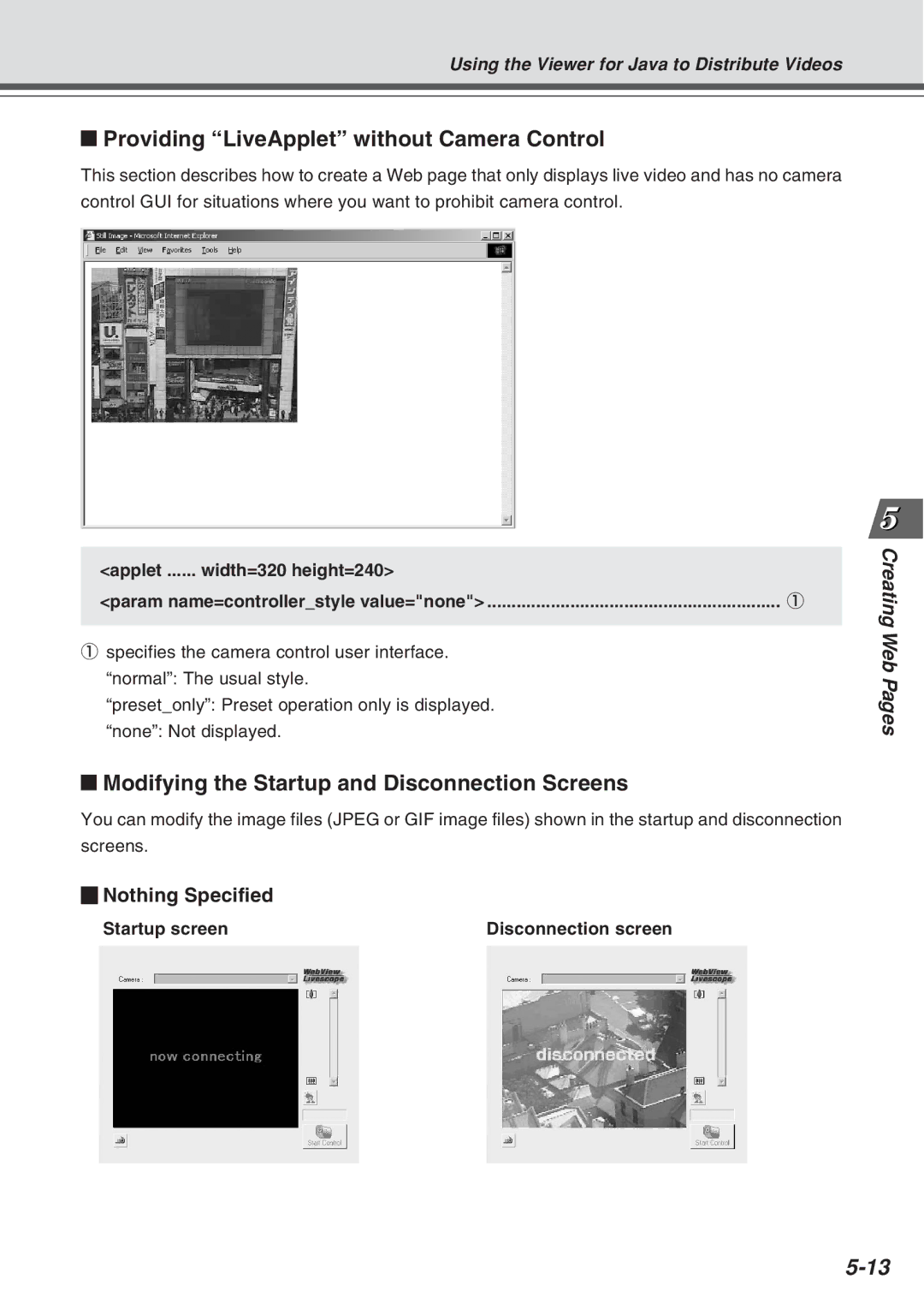 Canon Vb-C50fi user manual Providing LiveApplet without Camera Control, Modifying the Startup and Disconnection Screens 