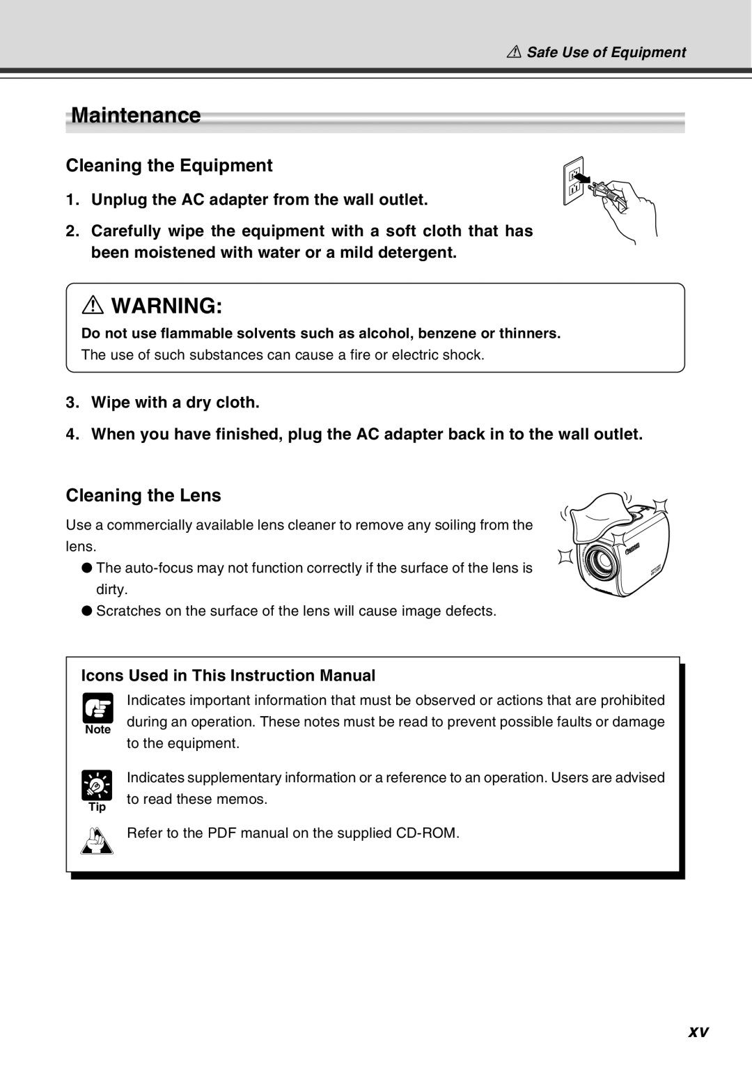 Canon Vb-C50fi user manual Maintenance, Cleaning the Equipment, Cleaning the Lens, Tip 