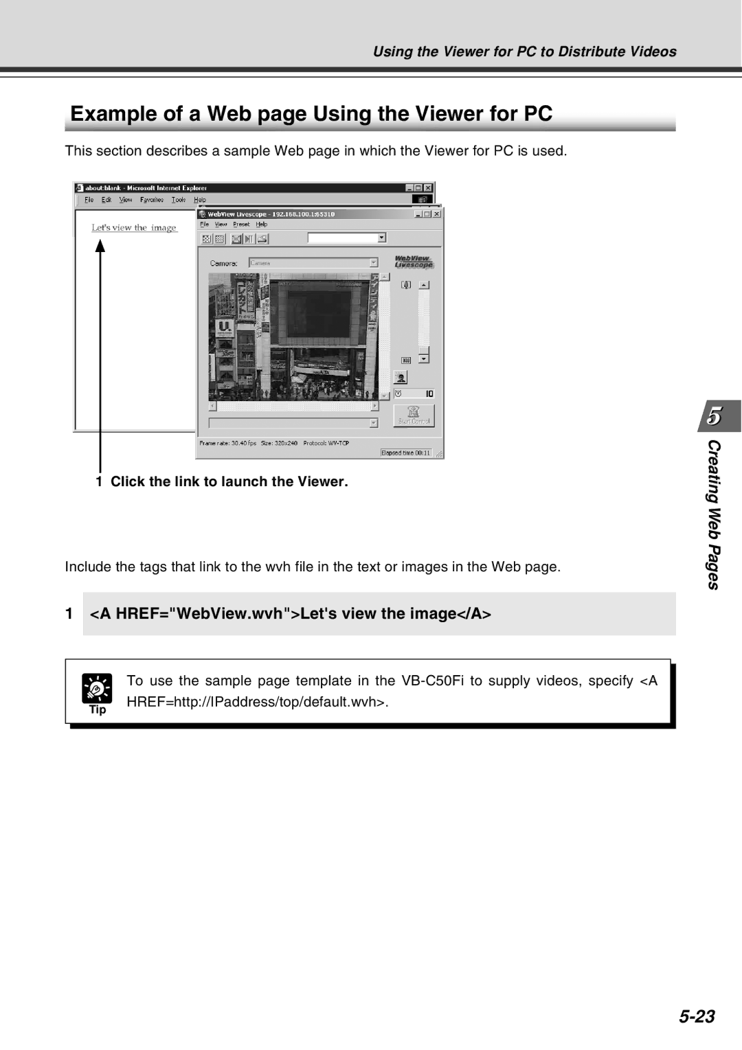 Canon Vb-C50fi user manual Example of a Web page Using the Viewer for PC, HREF=WebView.wvhLets view the image/A 