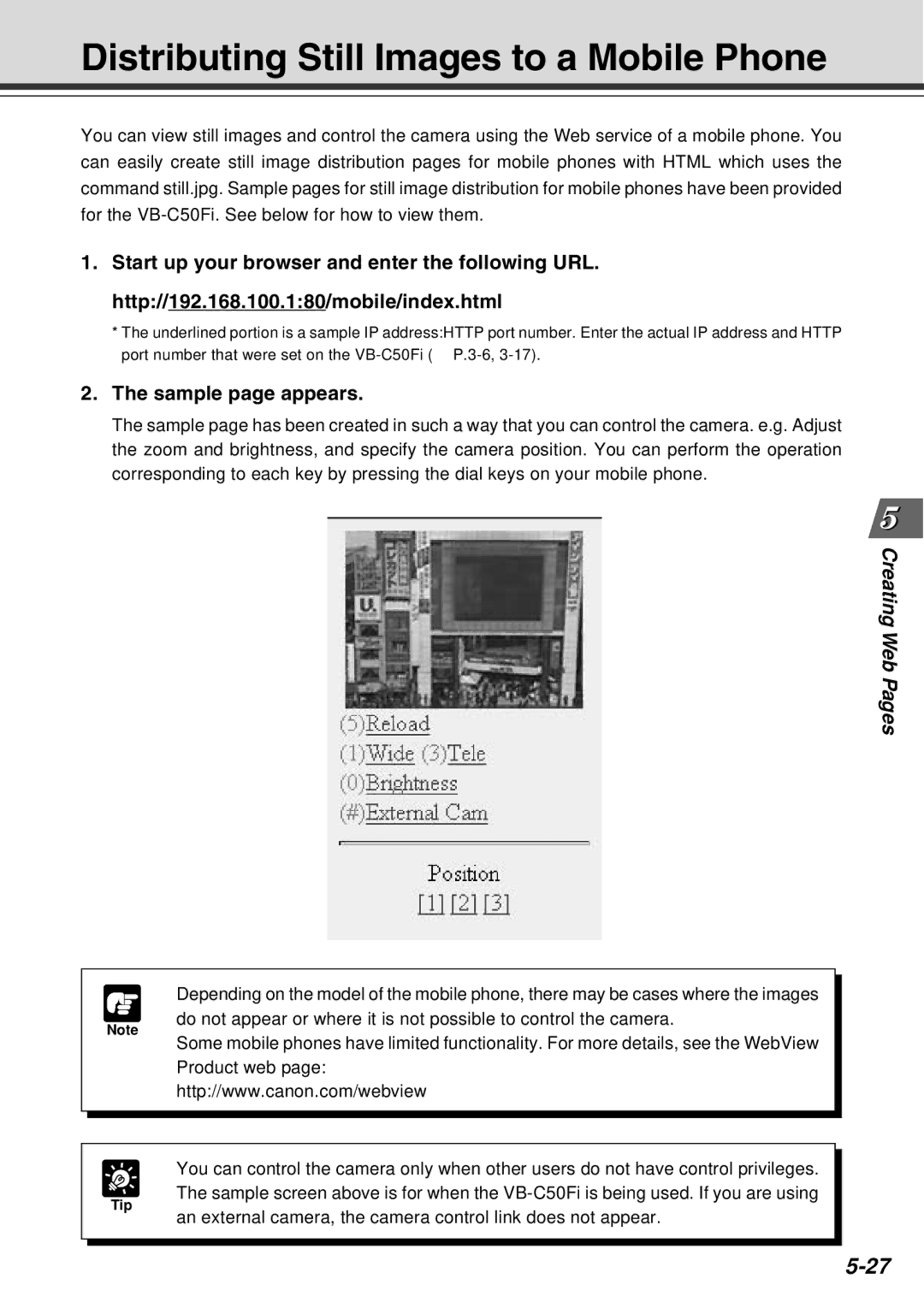 Canon Vb-C50fi user manual Distributing Still Images to a Mobile Phone, Sample page appears 