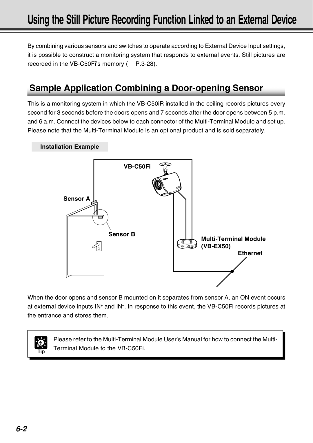 Canon Vb-C50fi user manual Sample Application Combining a Door-opening Sensor, Tip 