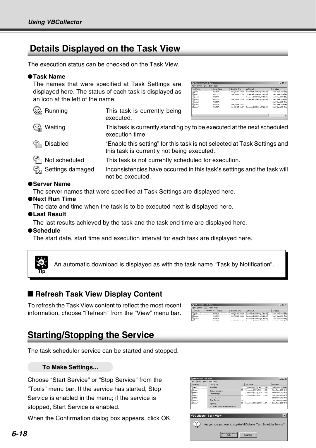 Canon Vb-C50fi Details Displayed on the Task View, Starting/Stopping the Service, Refresh Task View Display Content 