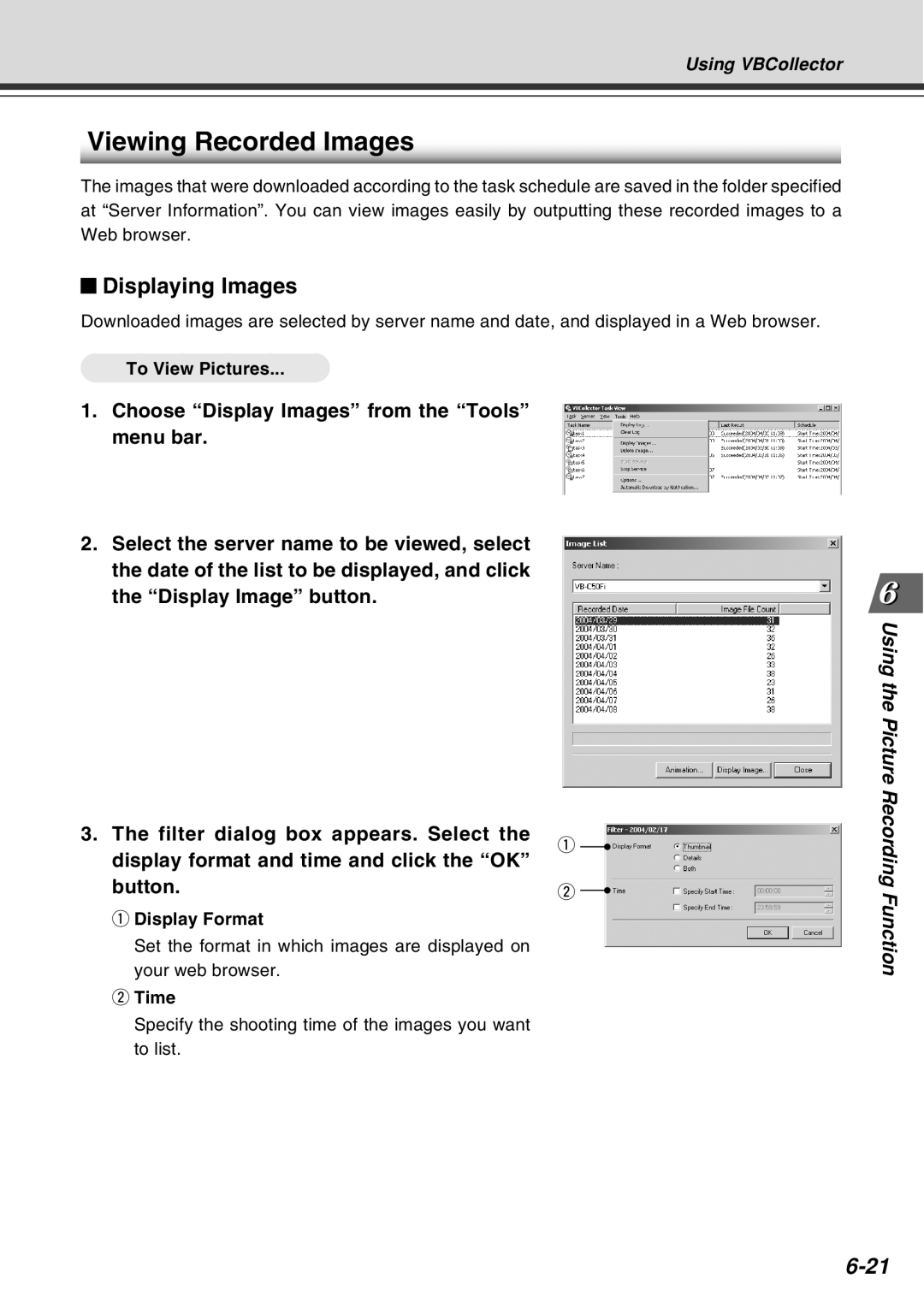 Canon Vb-C50fi user manual Viewing Recorded Images, Displaying Images, To View Pictures, Display Format, Time 