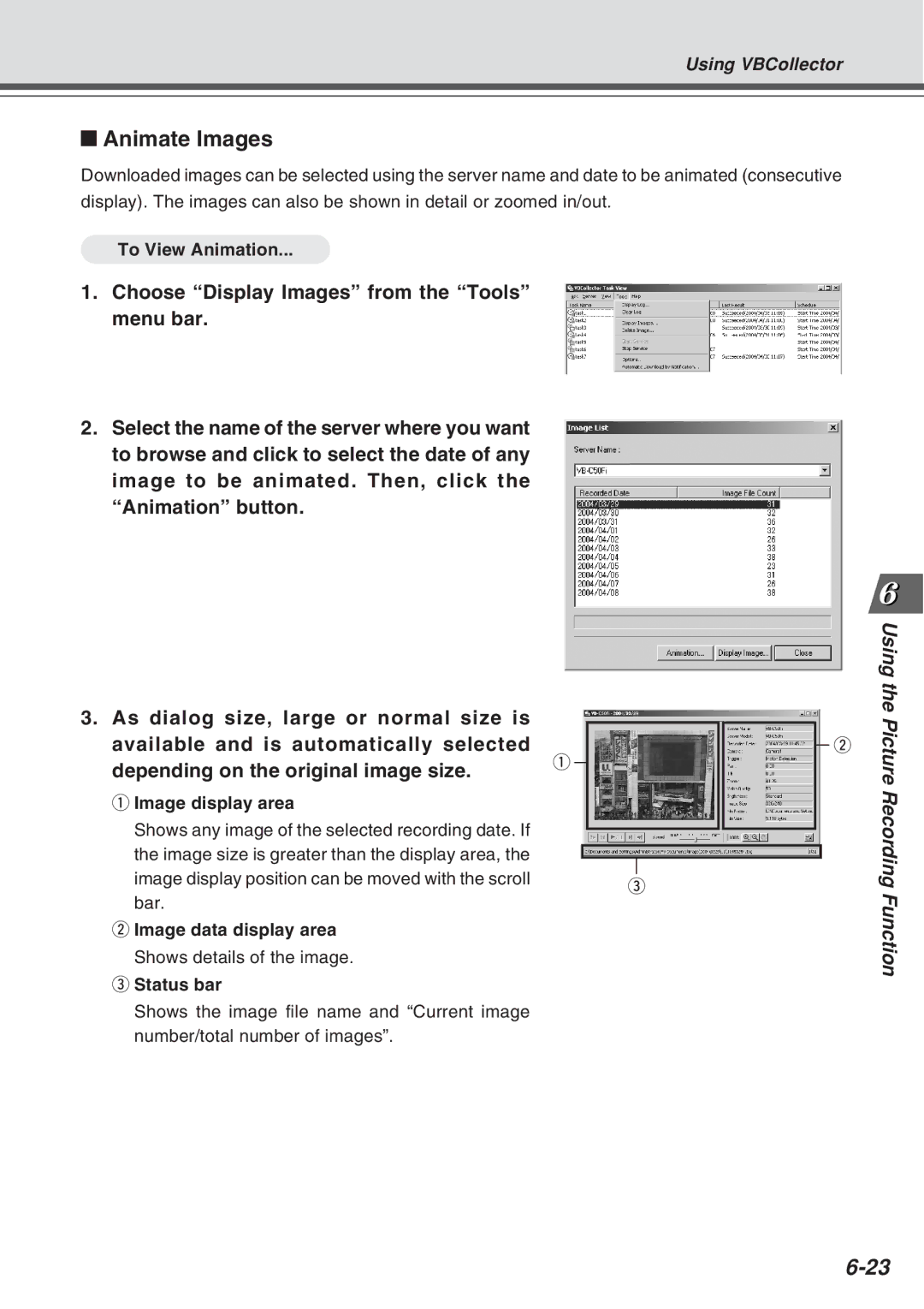 Canon Vb-C50fi user manual Animate Images, To View Animation, Image display area, Image data display area, Status bar 